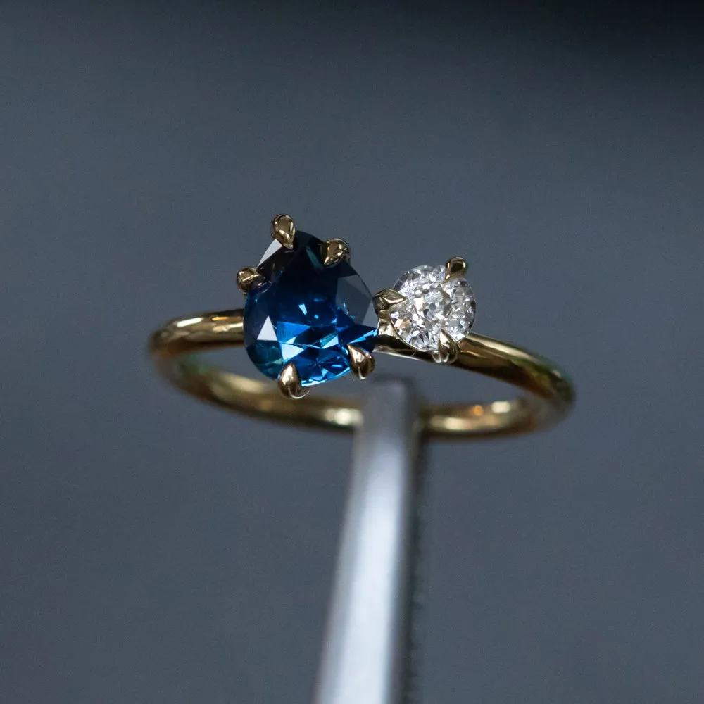 1.56ct Deep Teal Blue Pear and Antique Old Mine Cut Diamond Ring in 18k Yellow Gold