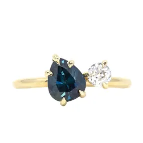 1.56ct Deep Teal Blue Pear and Antique Old Mine Cut Diamond Ring in 18k Yellow Gold