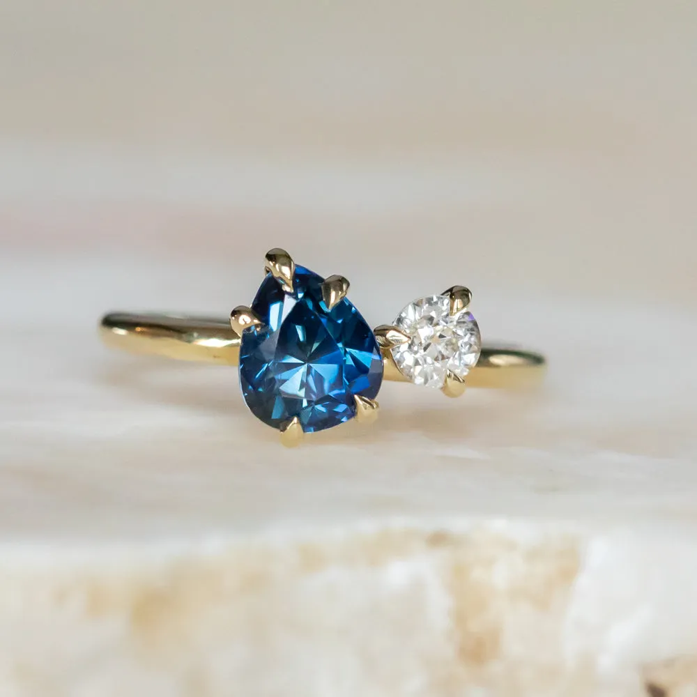 1.56ct Deep Teal Blue Pear and Antique Old Mine Cut Diamond Ring in 18k Yellow Gold