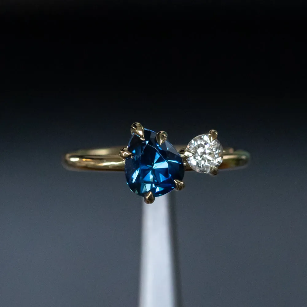 1.56ct Deep Teal Blue Pear and Antique Old Mine Cut Diamond Ring in 18k Yellow Gold