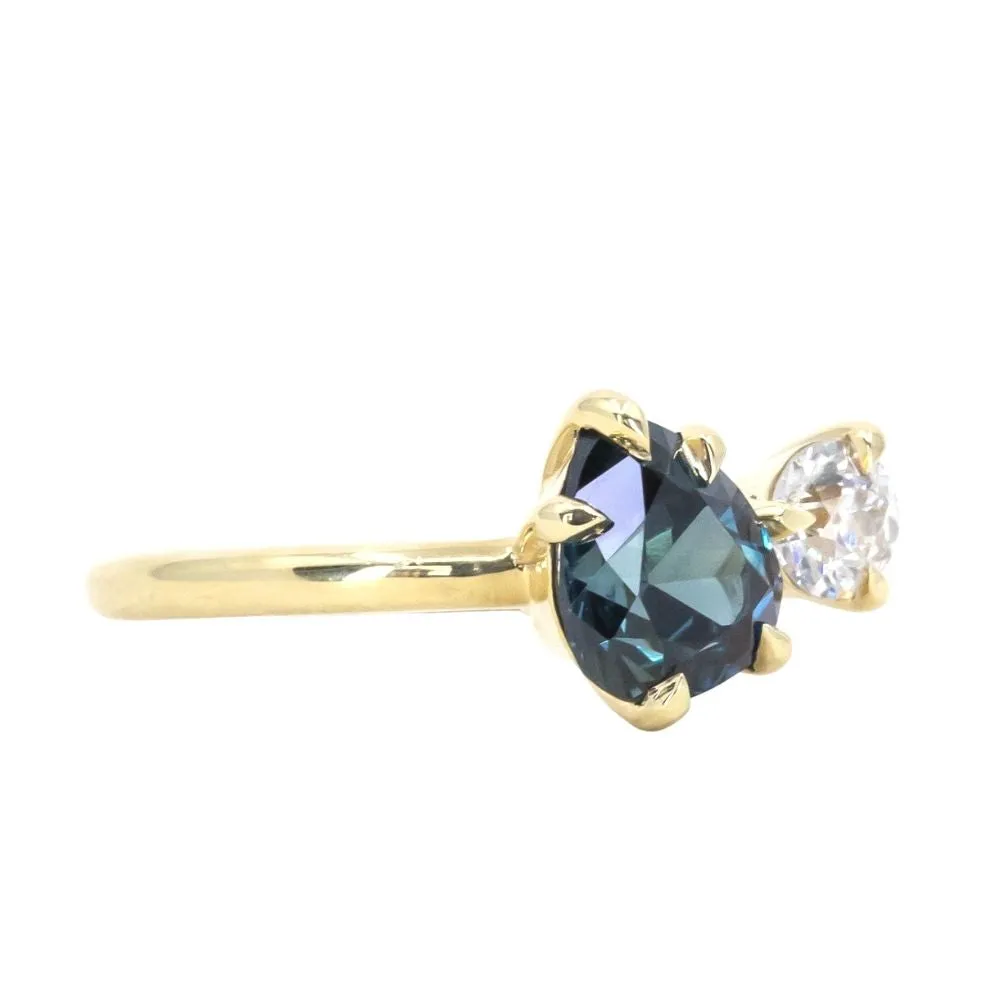 1.56ct Deep Teal Blue Pear and Antique Old Mine Cut Diamond Ring in 18k Yellow Gold