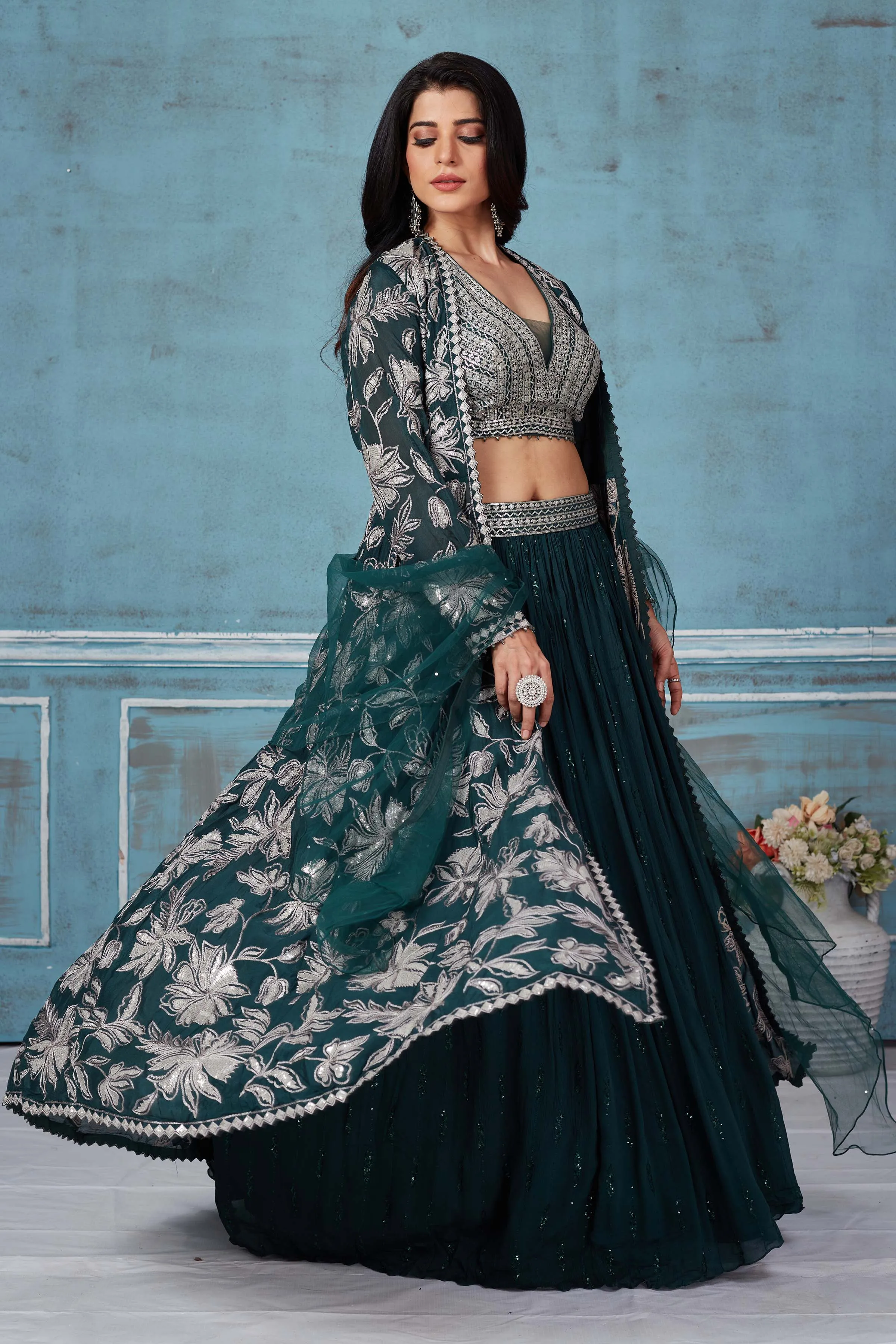 32A038 Dark Green Embroidered Lehenga With Jacket