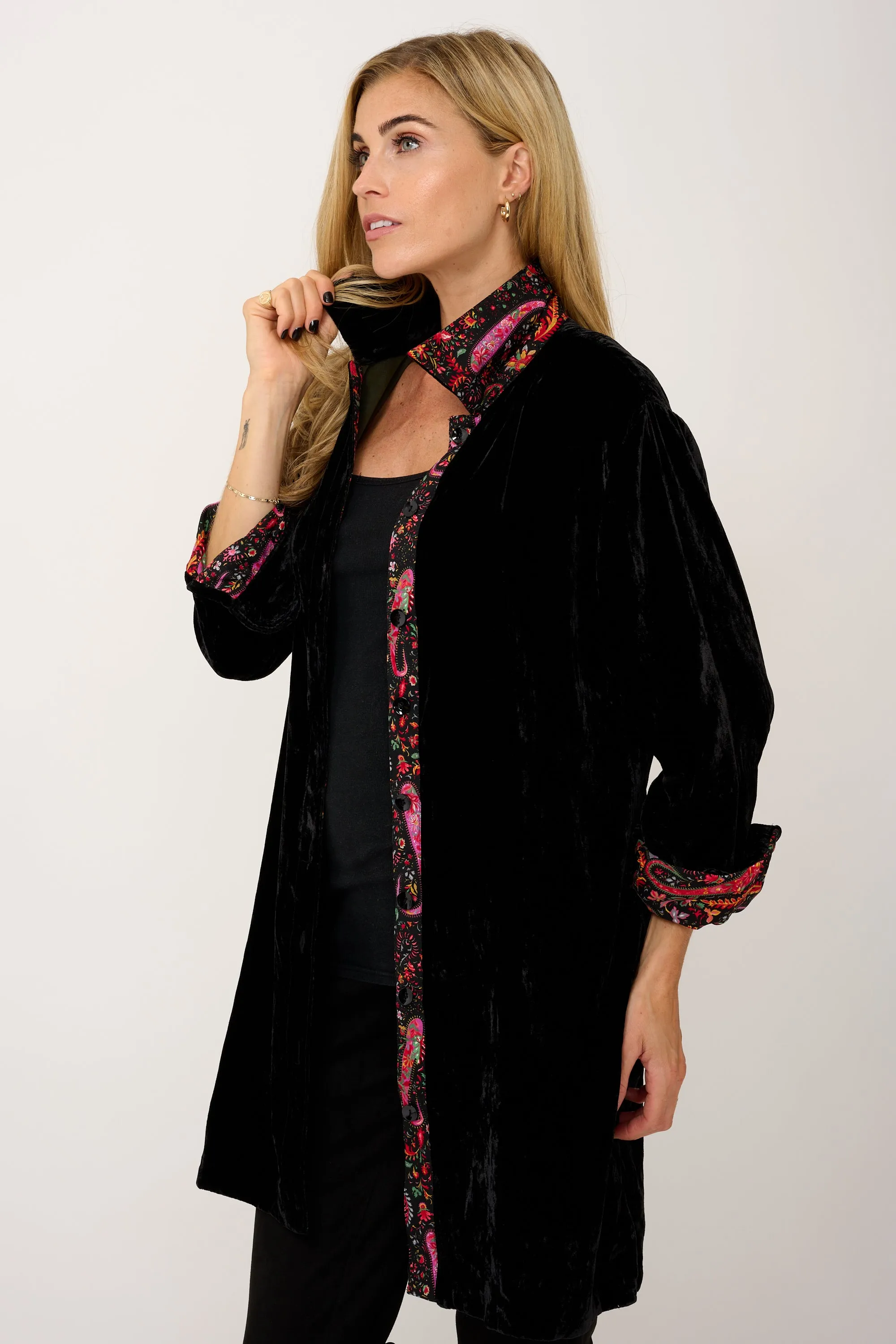 Amanda Silk Velvet Shirt In Black With Lined Cuff & Collar