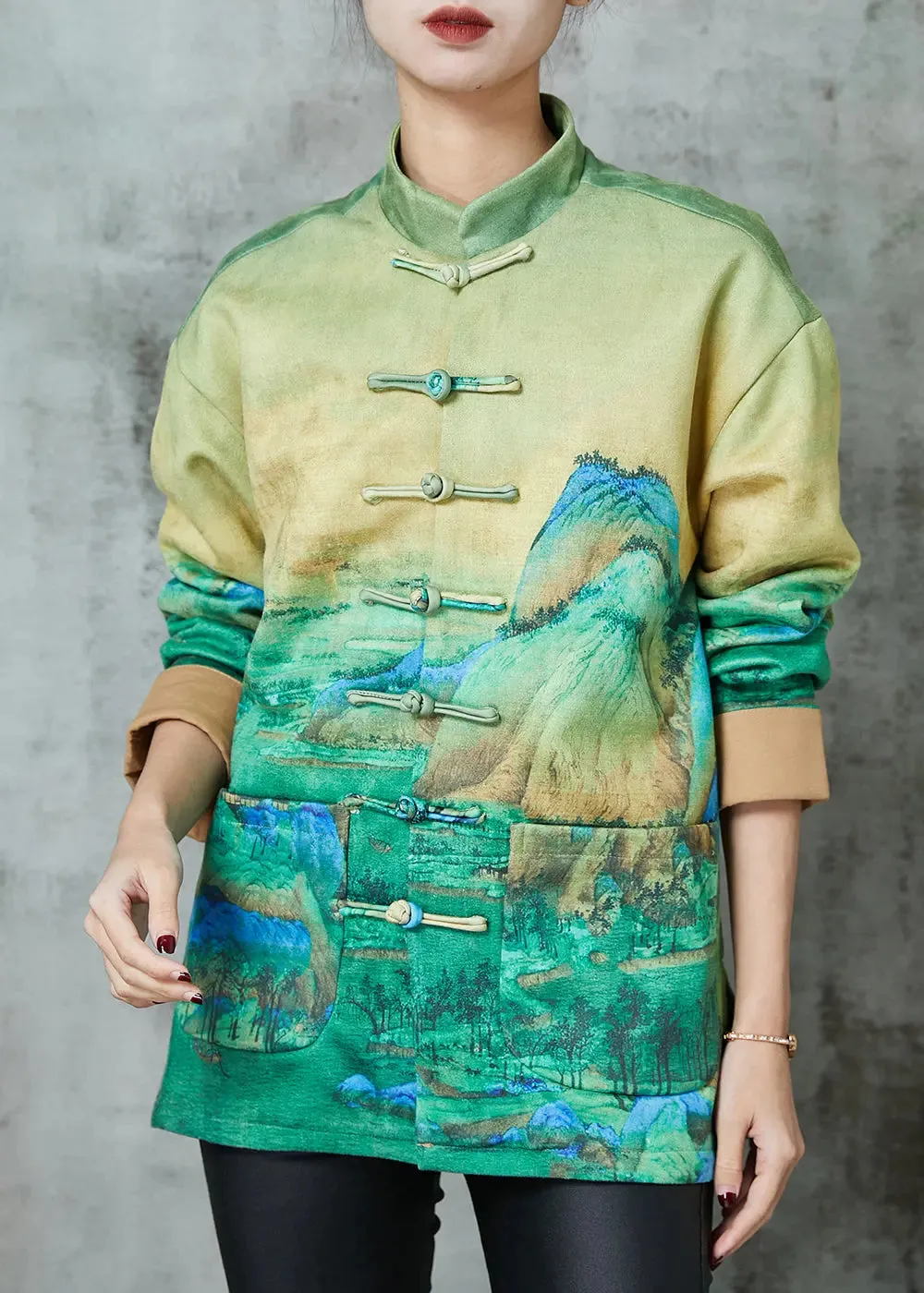 Art Green Print Chinese Button Silk Jacket Spring JK1065