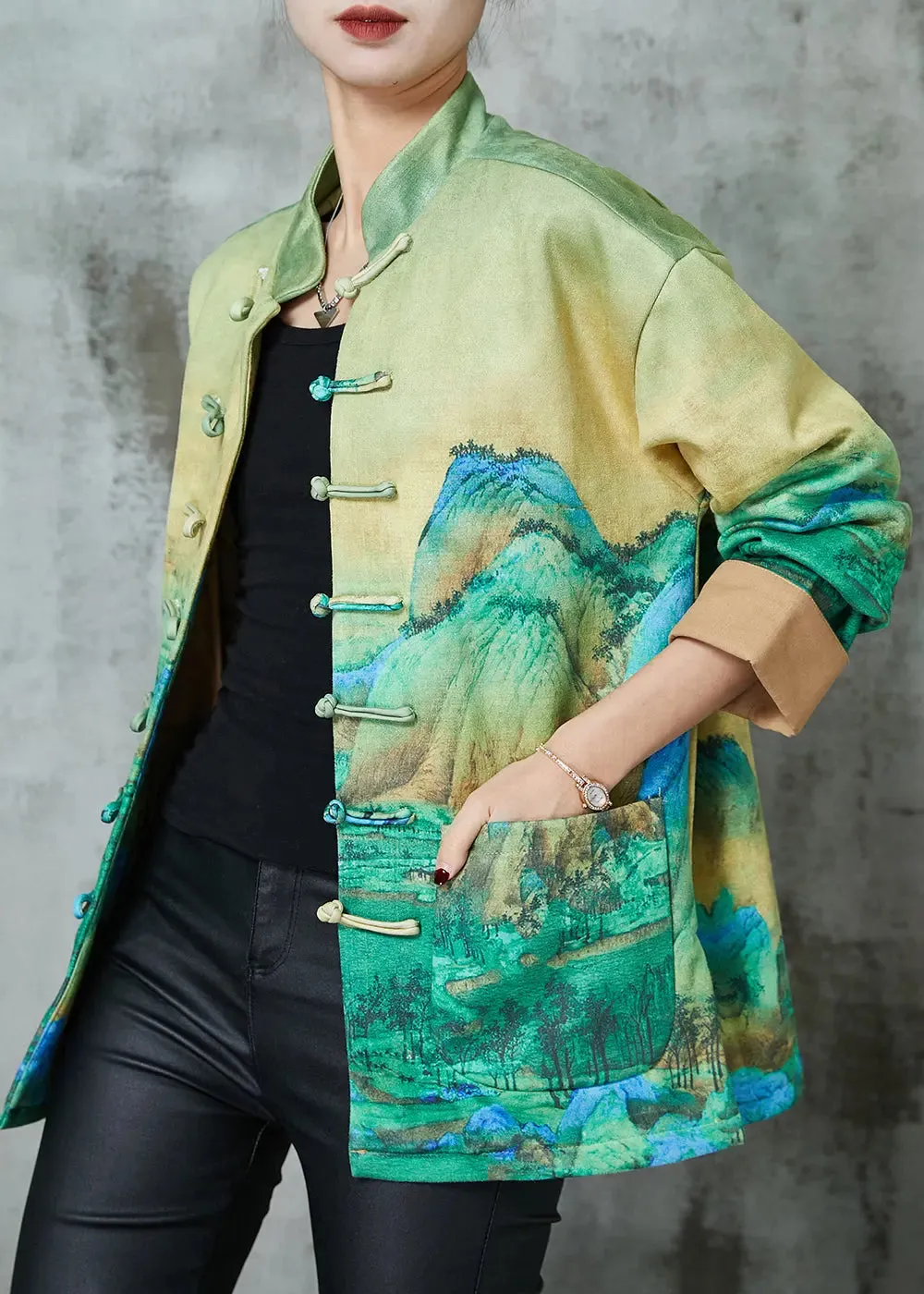 Art Green Print Chinese Button Silk Jacket Spring JK1065