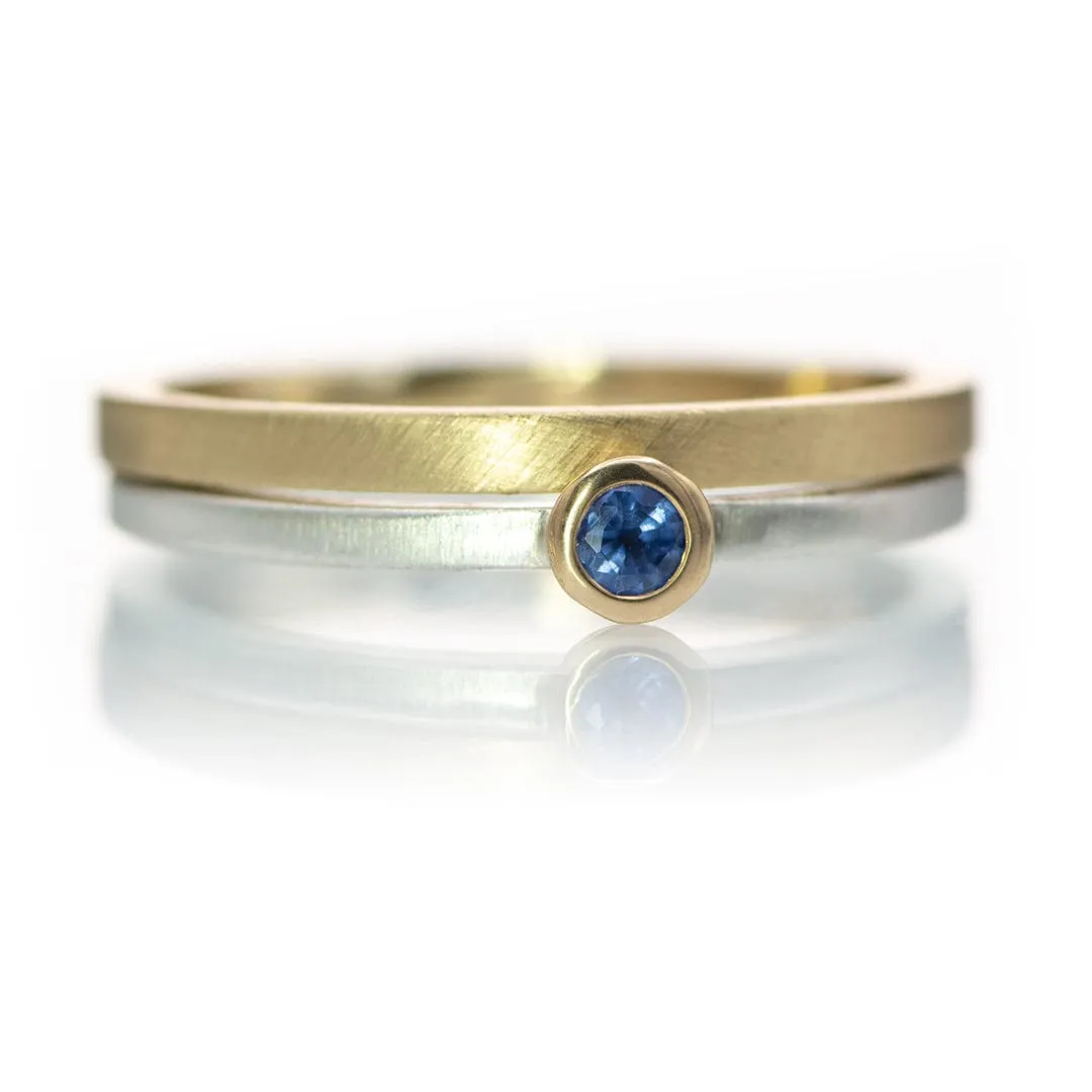 Blue Sapphire 14k Gold Bezel Sterling Silver Stacking Ring, Ready to Ship