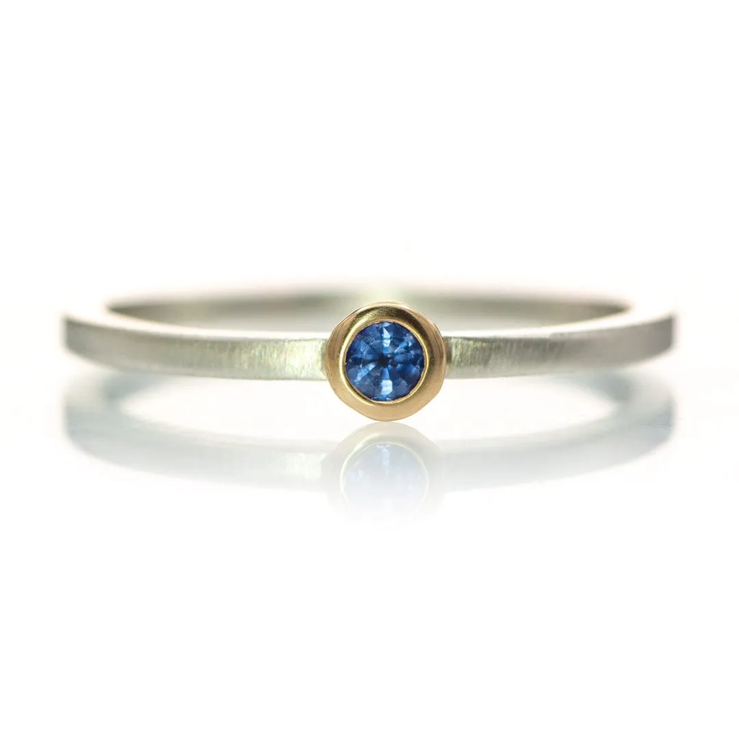 Blue Sapphire 14k Gold Bezel Sterling Silver Stacking Ring, Ready to Ship