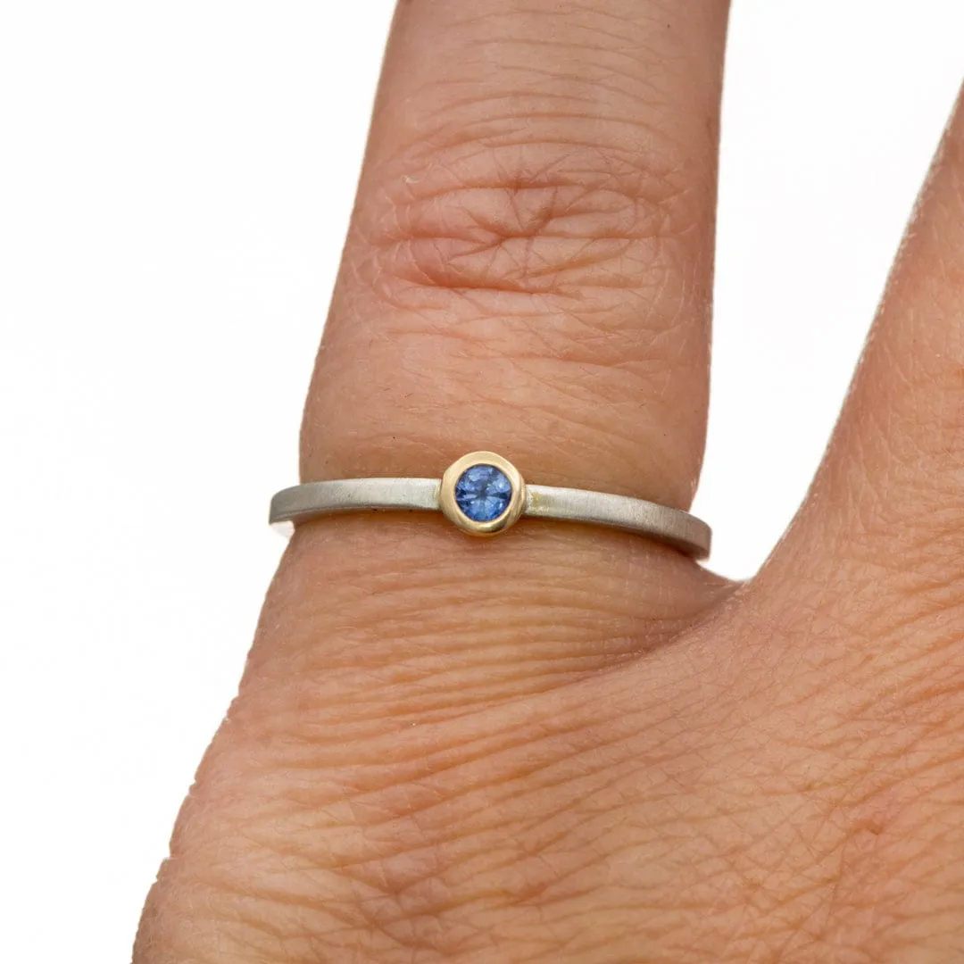 Blue Sapphire 14k Gold Bezel Sterling Silver Stacking Ring, Ready to Ship