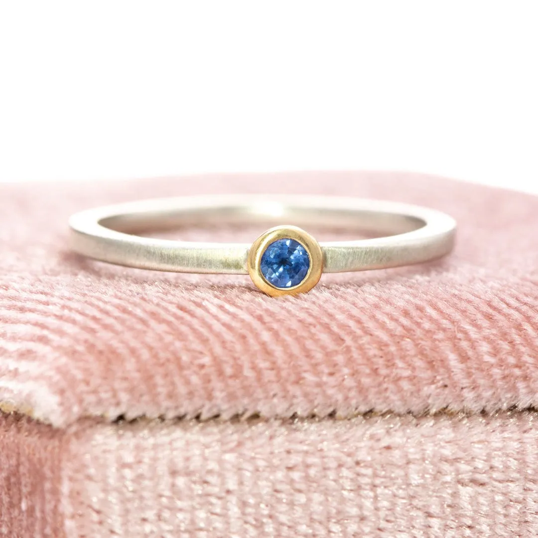 Blue Sapphire 14k Gold Bezel Sterling Silver Stacking Ring, Ready to Ship