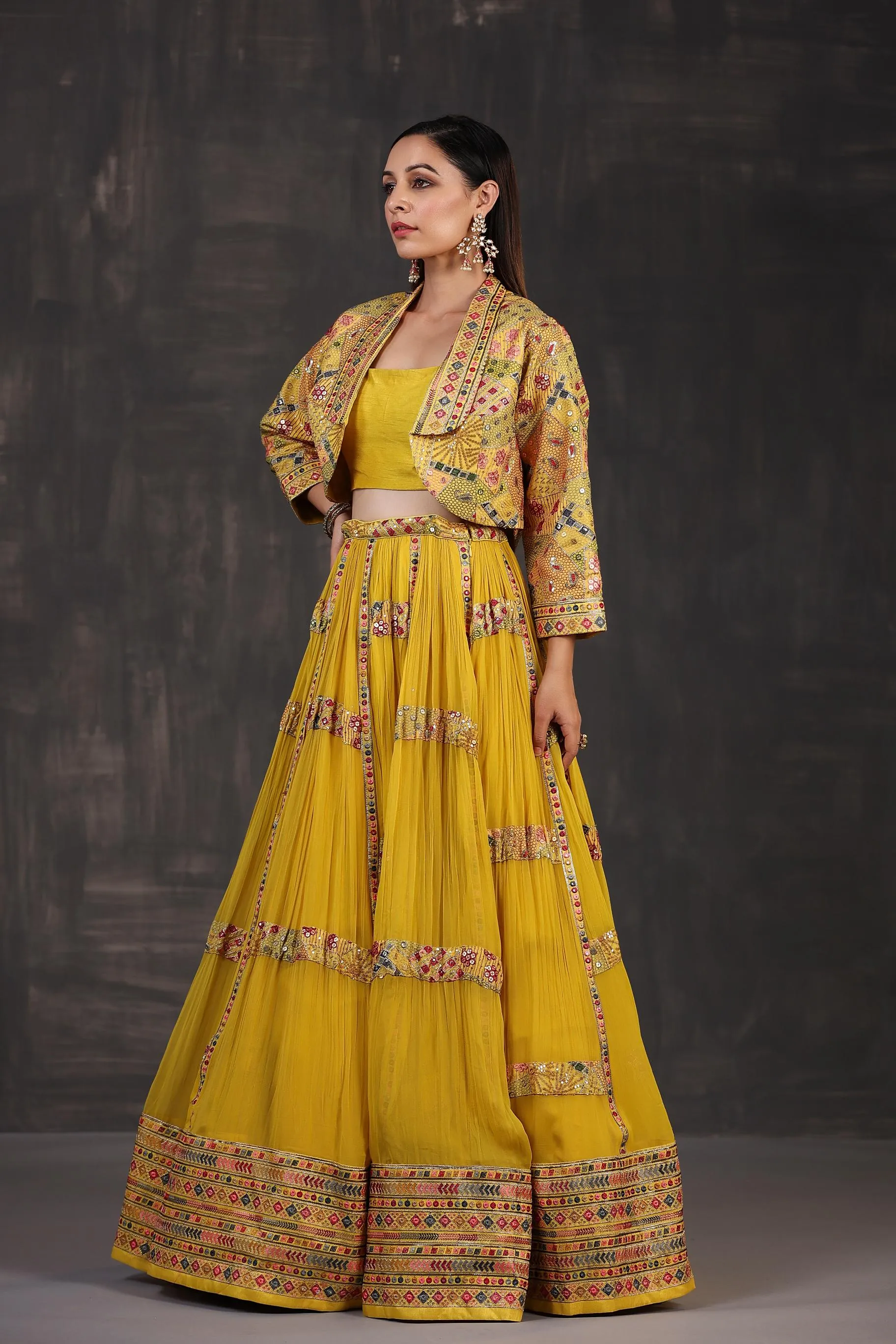 Bright Yellow Embroidered Premium Georgette Silk Lehenga Set