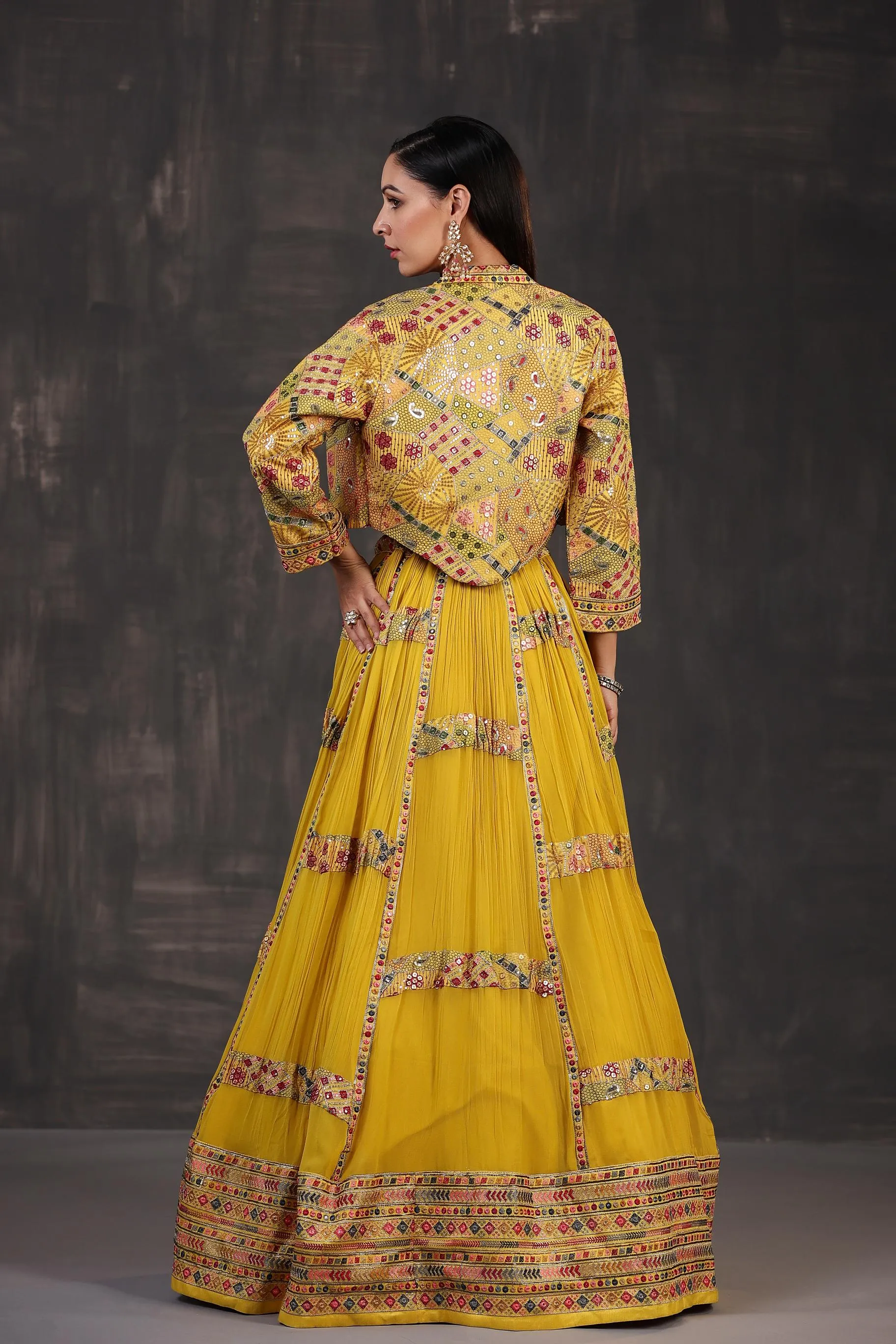 Bright Yellow Embroidered Premium Georgette Silk Lehenga Set