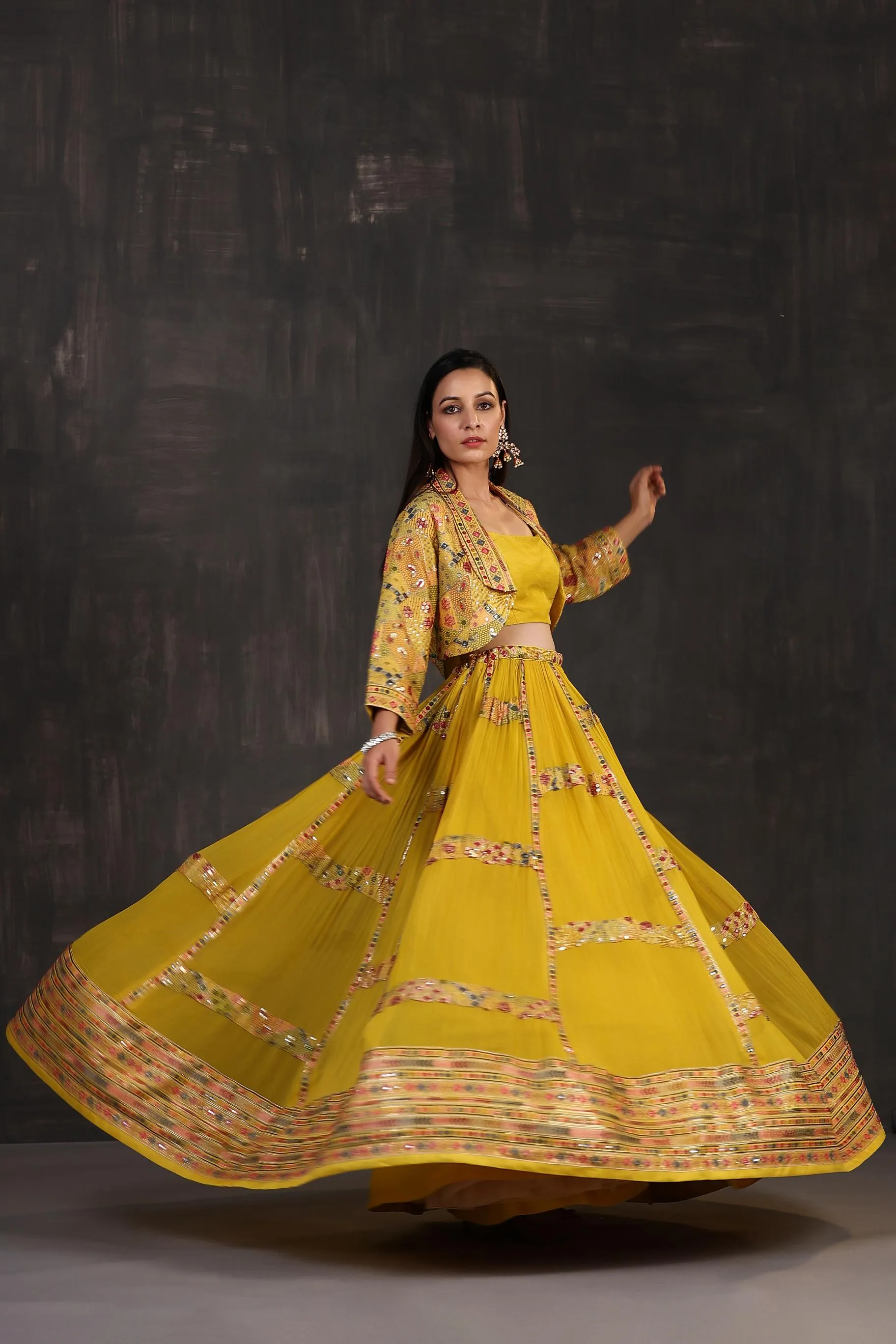 Bright Yellow Embroidered Premium Georgette Silk Lehenga Set