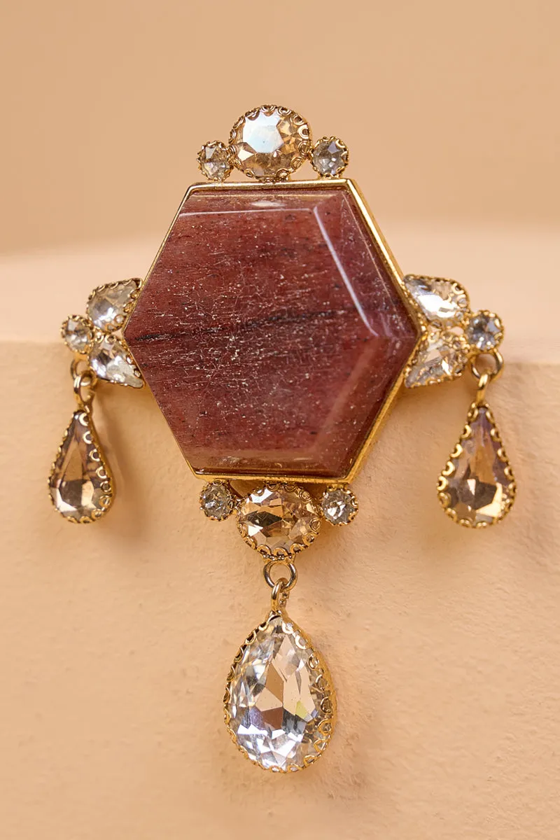 Brown Resin Stone Brooch With Drop Crystals