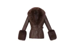 Brown Short Faux Leather Coat with Detachable Fur