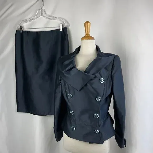 Carolina Herrera Navy Beaded Button Jacket and Skirt