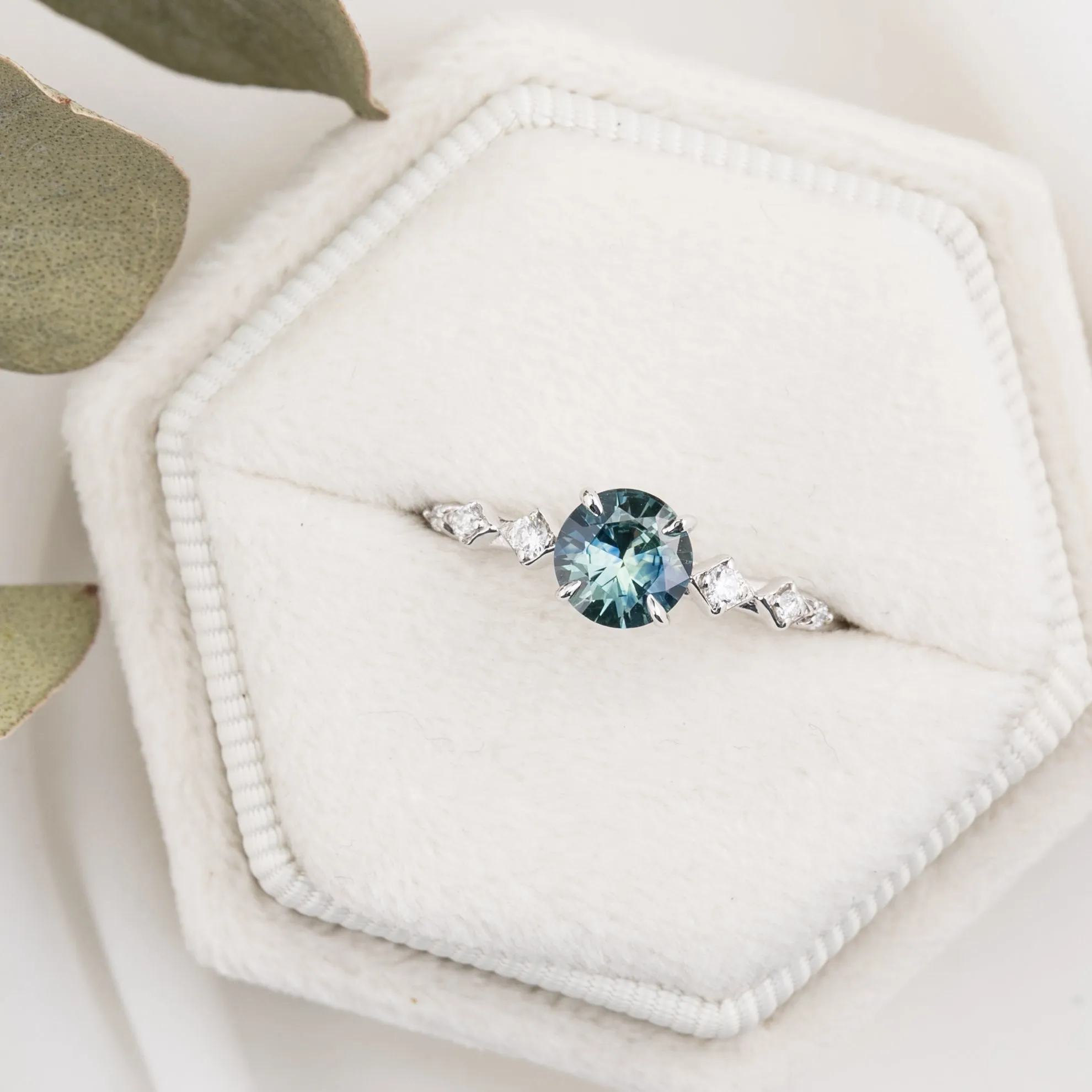 Celeste Ring 0.73ct Parti Blue Green Round Montana Sapphire, 14K White Gold (One of a kind)