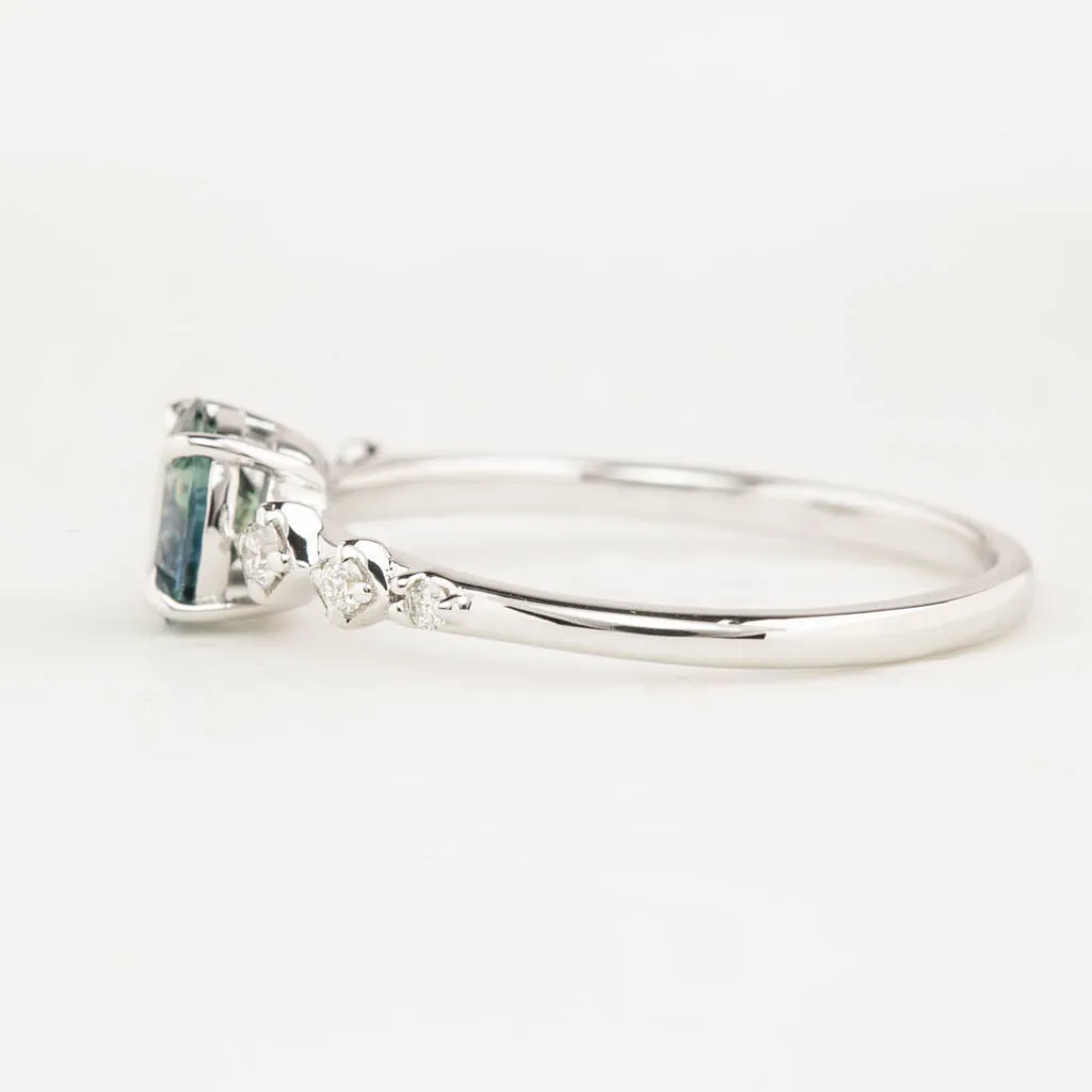 Celeste Ring 0.73ct Parti Blue Green Round Montana Sapphire, 14K White Gold (One of a kind)