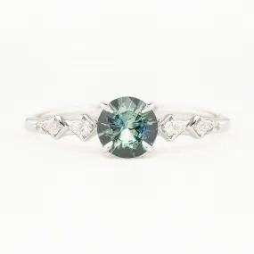 Celeste Ring 0.73ct Parti Blue Green Round Montana Sapphire, 14K White Gold (One of a kind)