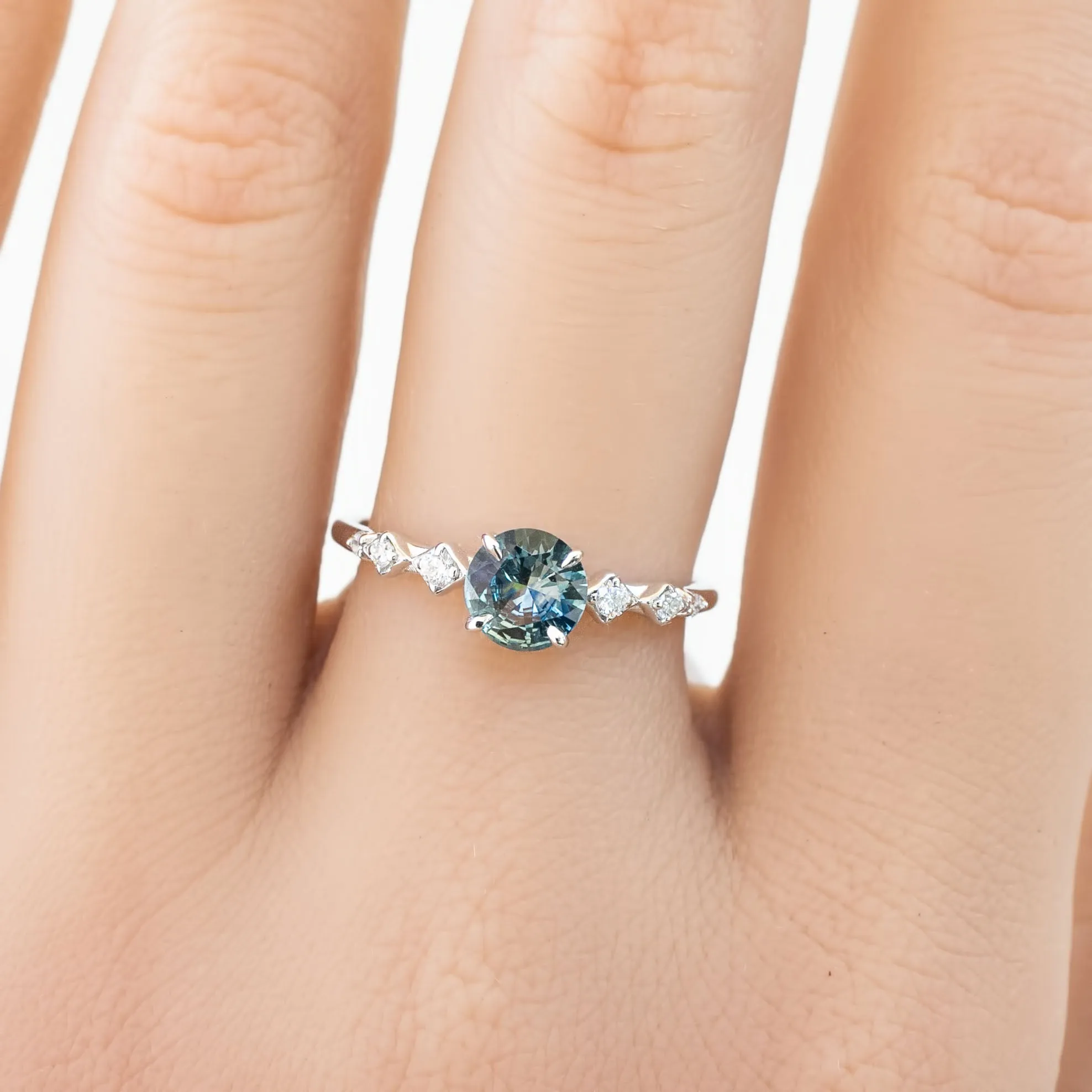 Celeste Ring 0.73ct Parti Blue Green Round Montana Sapphire, 14K White Gold (One of a kind)