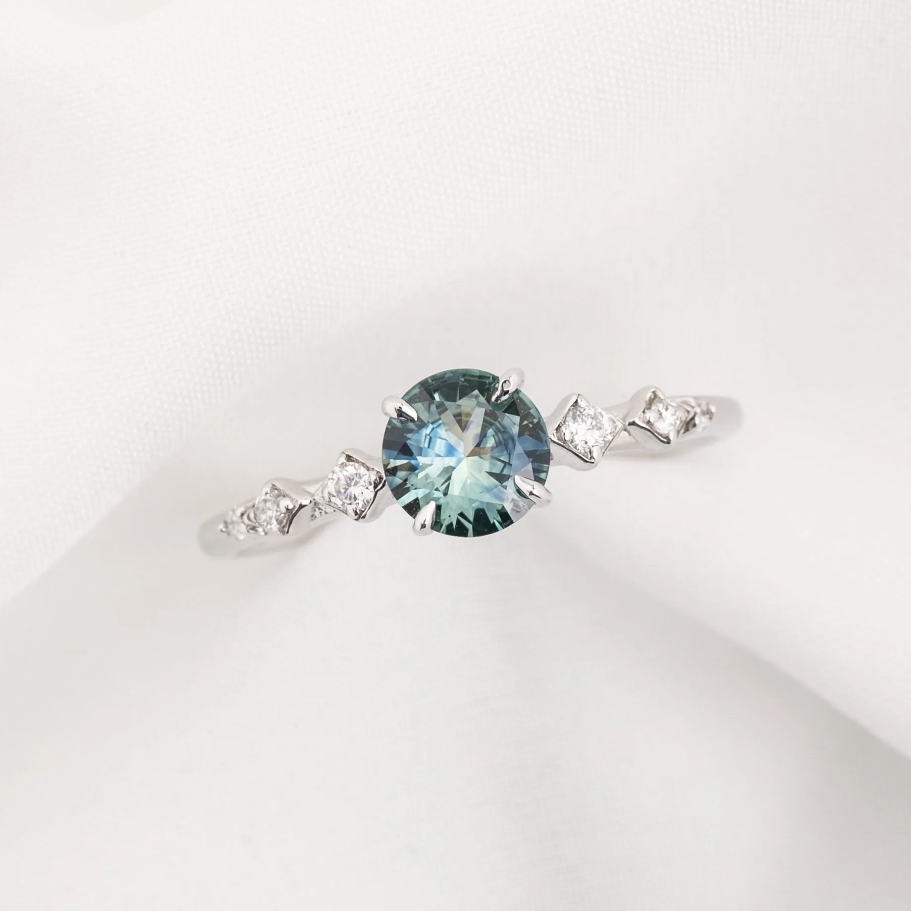 Celeste Ring 0.73ct Parti Blue Green Round Montana Sapphire, 14K White Gold (One of a kind)