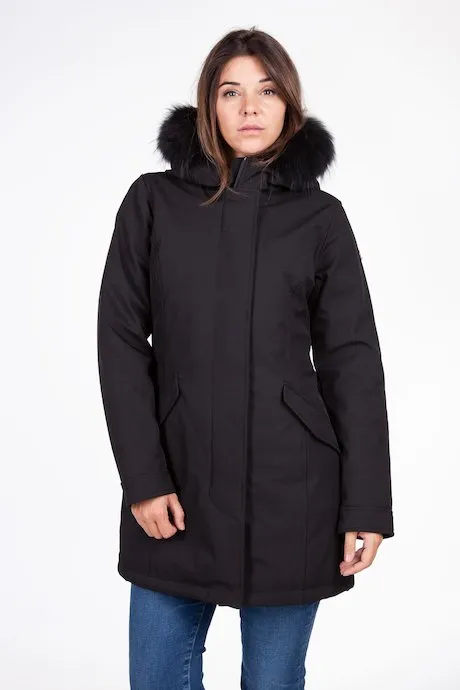 Censored long parka with hood and fur CW178PTNEP90 black