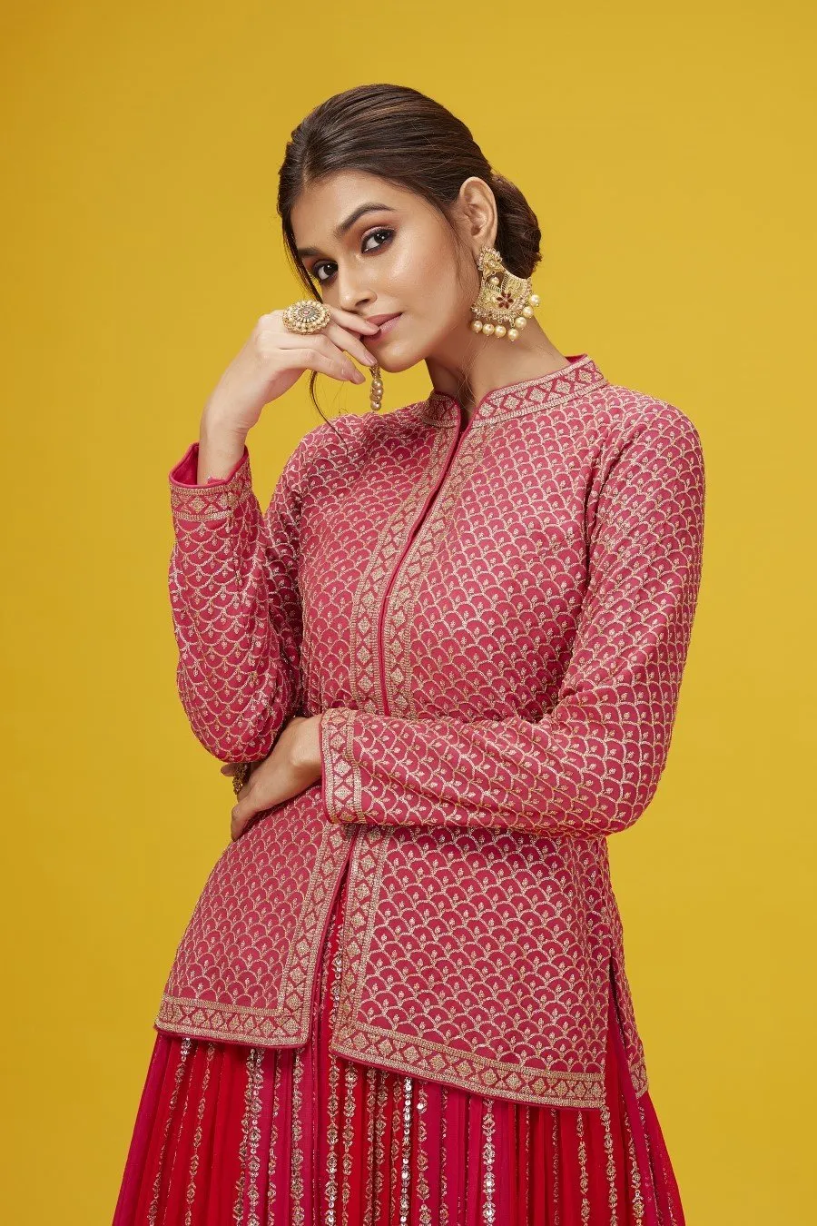 Crimson Red Embroidered Jacket with Anarkali