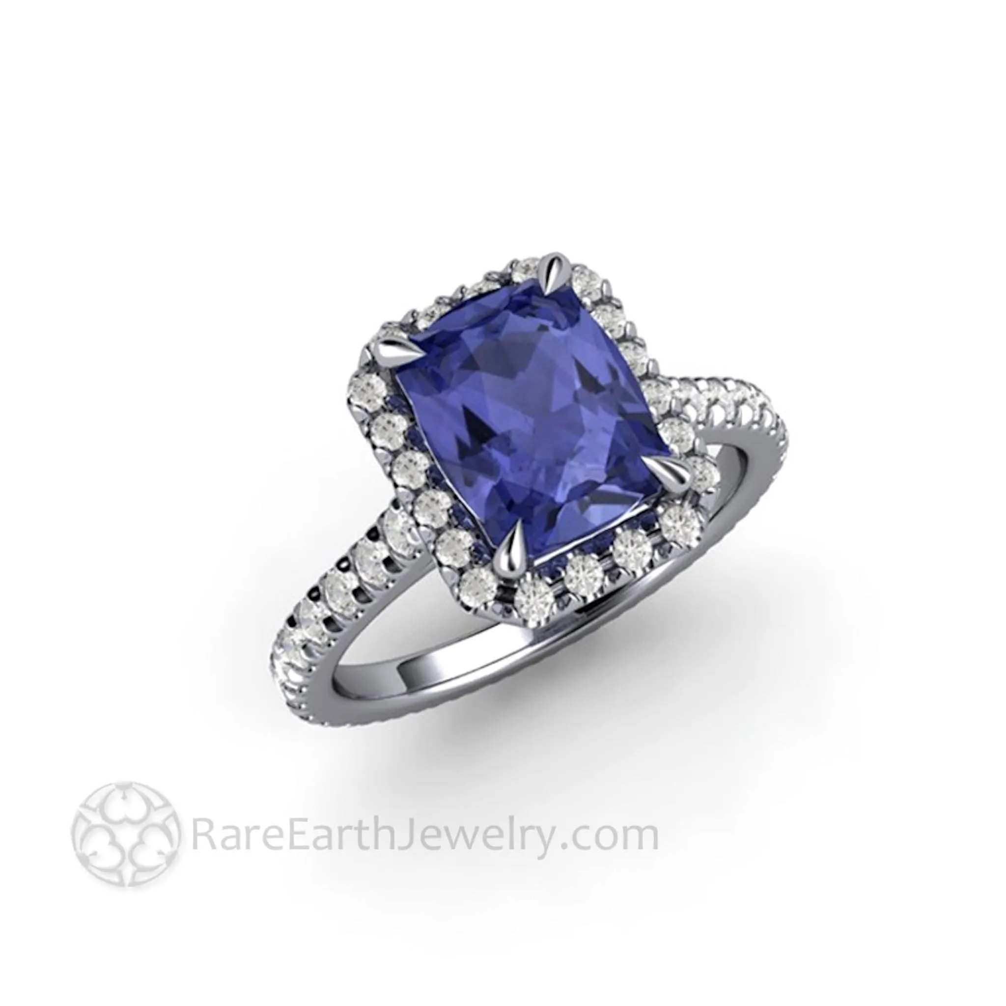 Cushion Cut Tanzanite Engagement Ring French Pave Diamond Halo