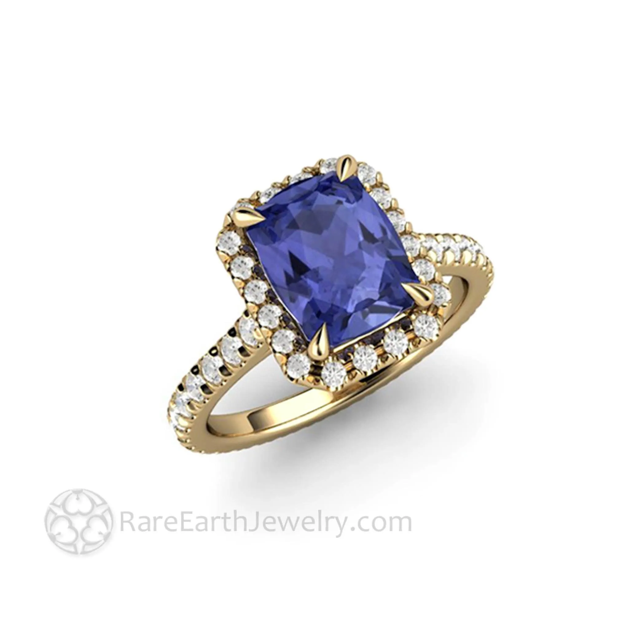 Cushion Cut Tanzanite Engagement Ring French Pave Diamond Halo