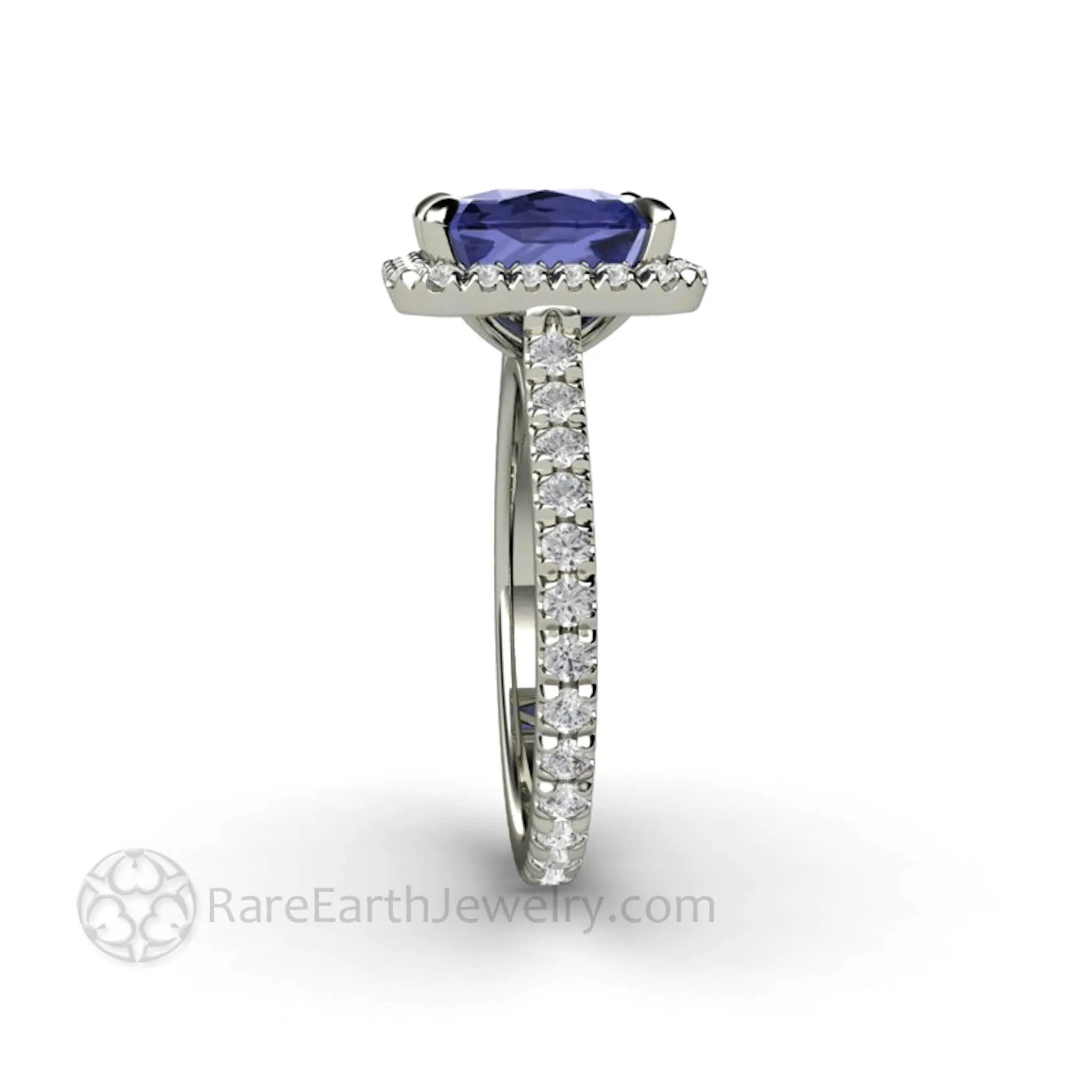 Cushion Cut Tanzanite Engagement Ring French Pave Diamond Halo