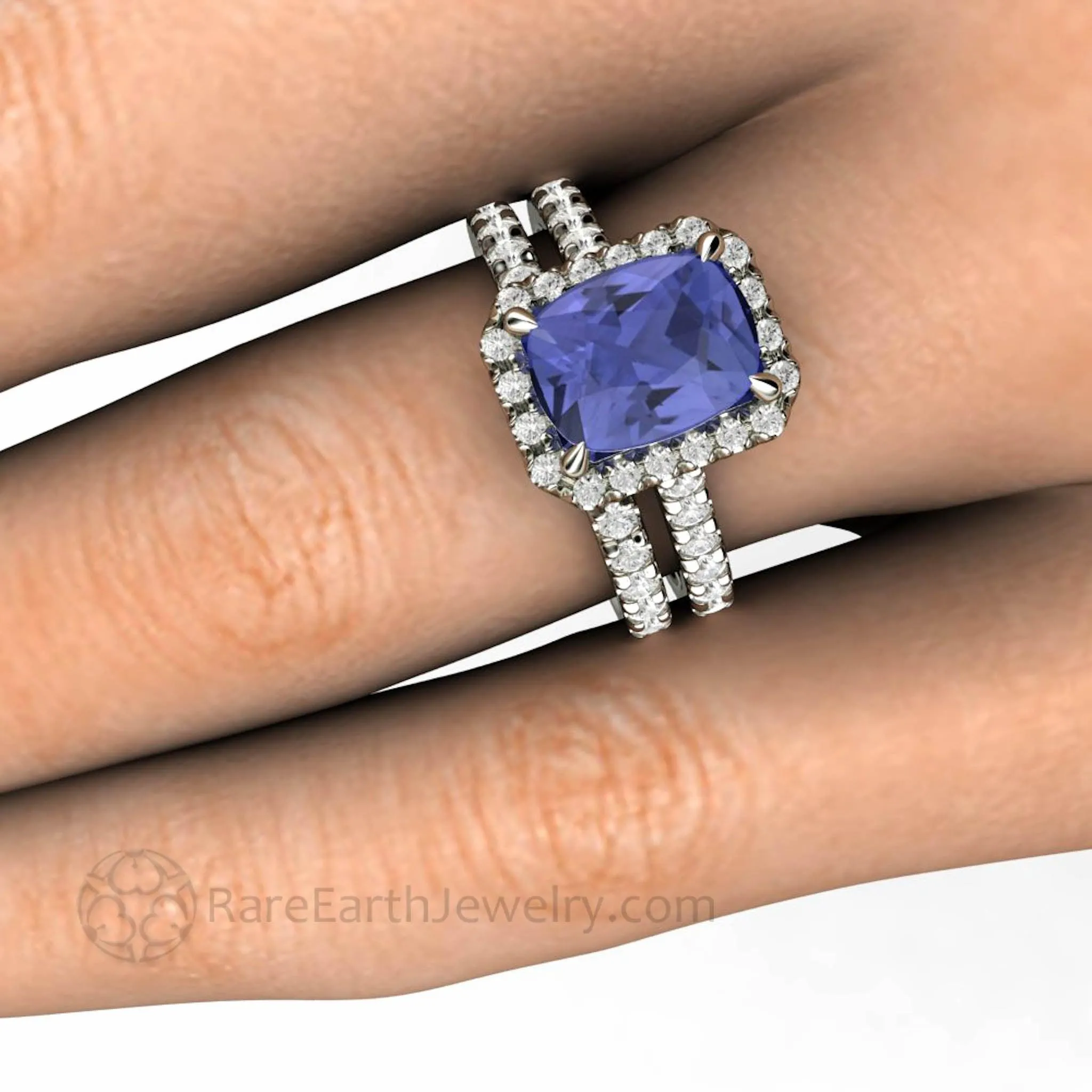 Cushion Cut Tanzanite Engagement Ring French Pave Diamond Halo