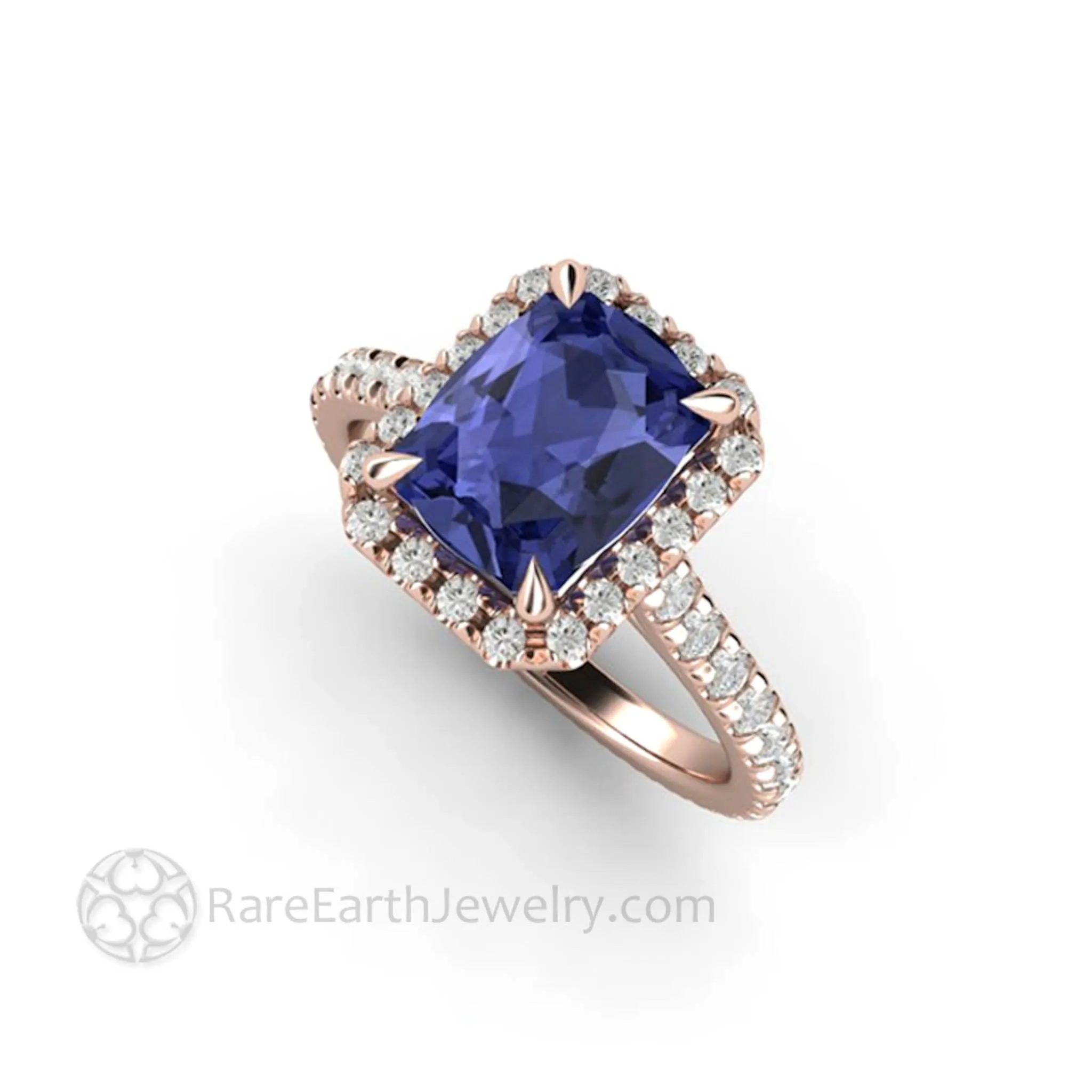 Cushion Cut Tanzanite Engagement Ring French Pave Diamond Halo