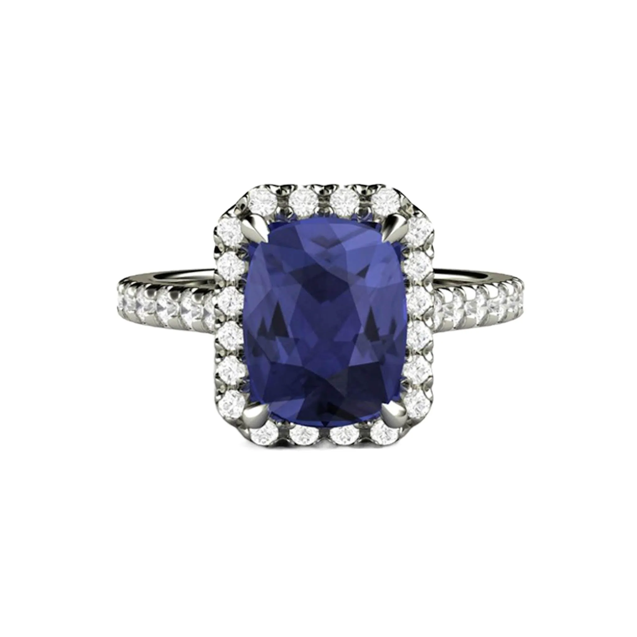 Cushion Cut Tanzanite Engagement Ring French Pave Diamond Halo