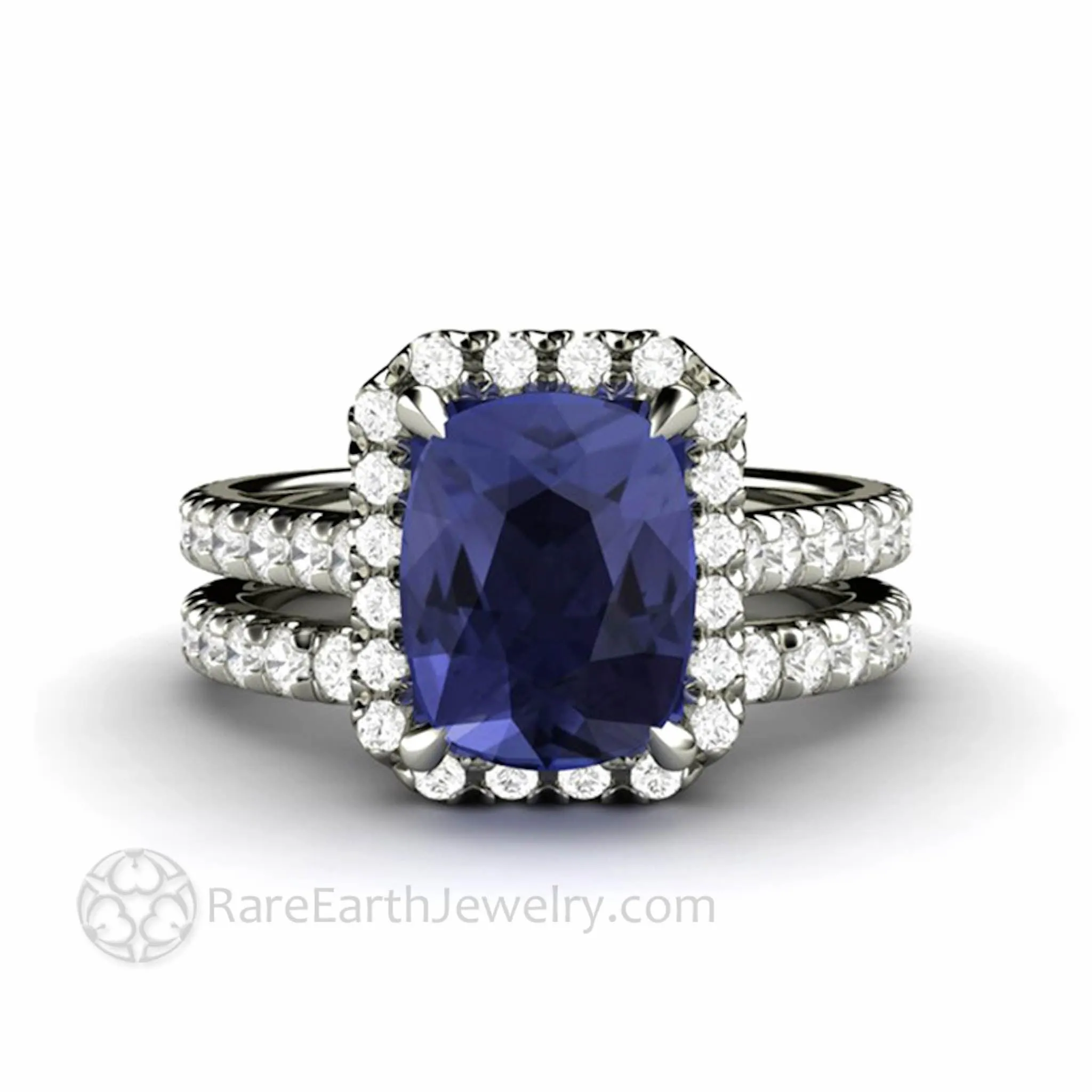 Cushion Cut Tanzanite Engagement Ring French Pave Diamond Halo