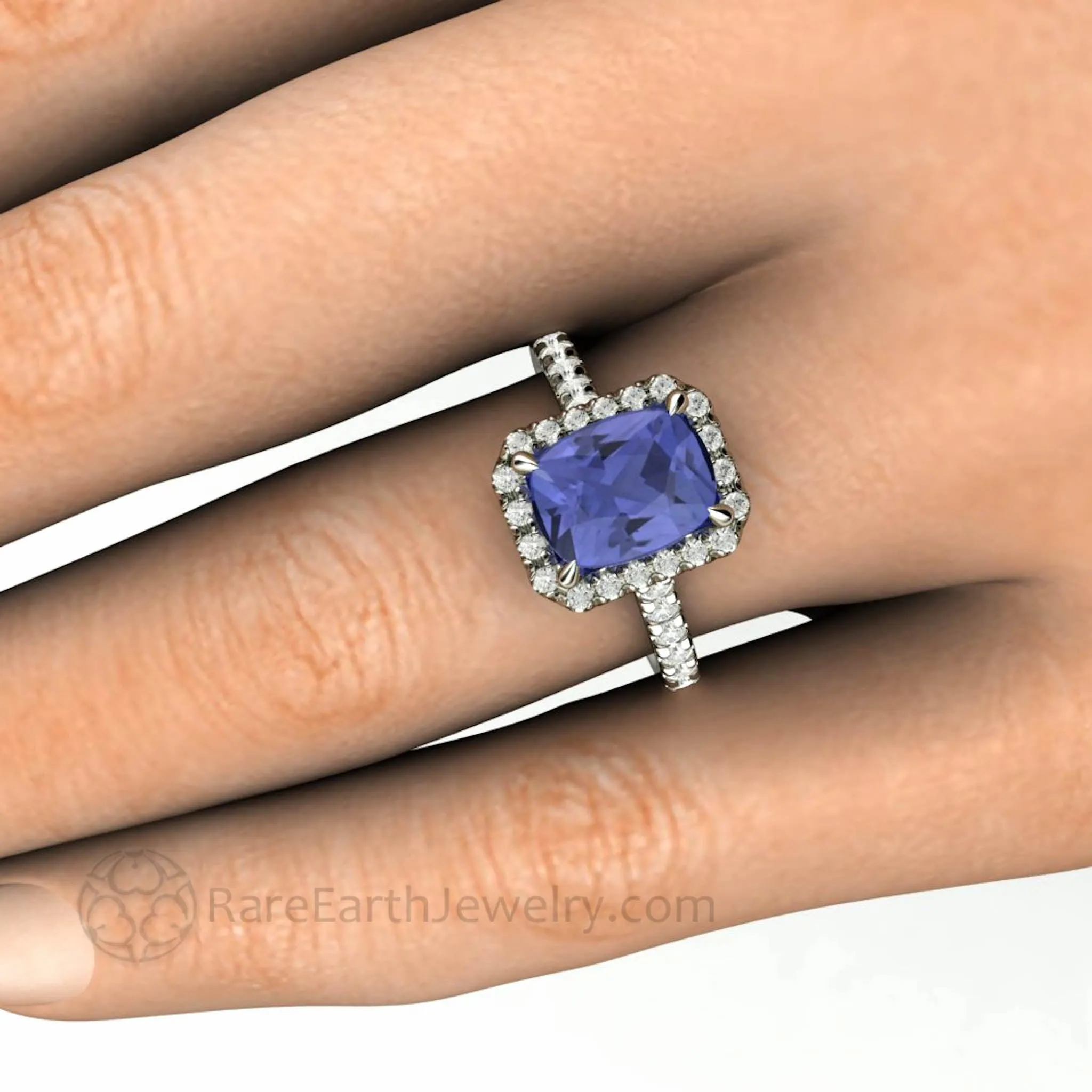 Cushion Cut Tanzanite Engagement Ring French Pave Diamond Halo