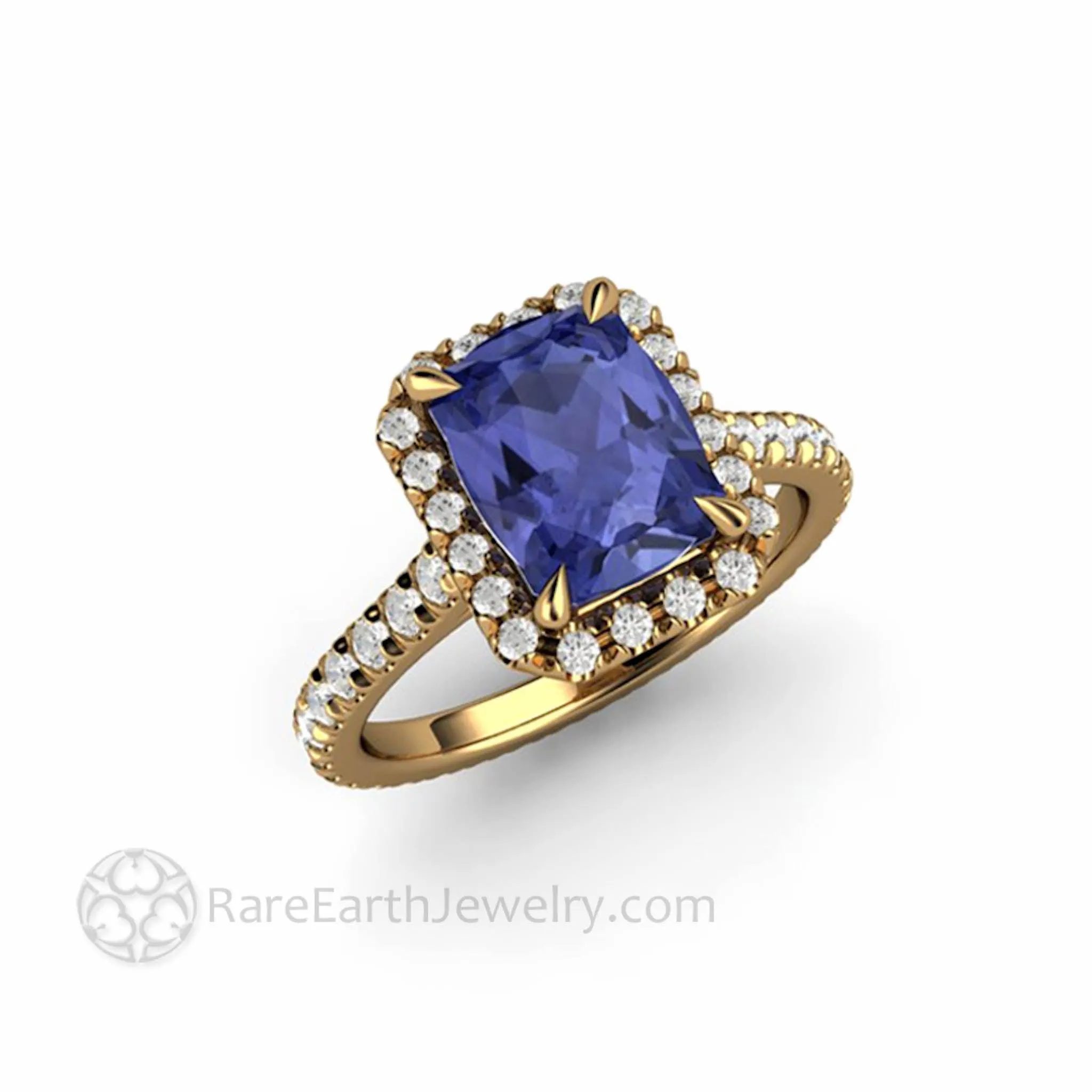 Cushion Cut Tanzanite Engagement Ring French Pave Diamond Halo