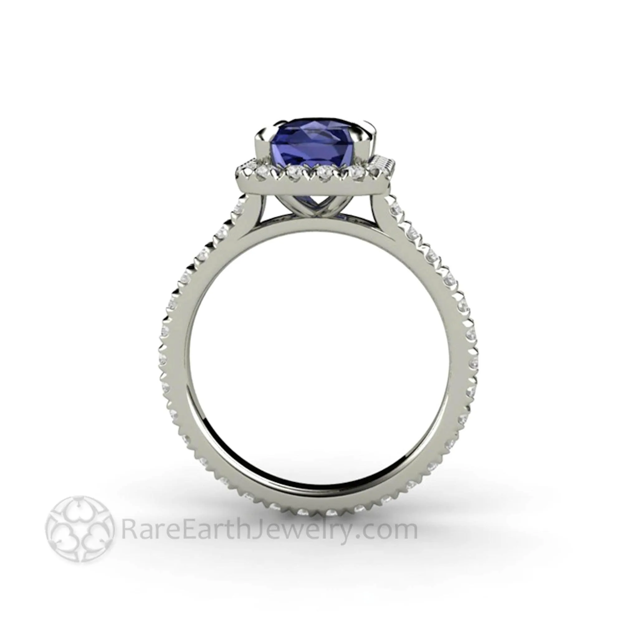 Cushion Cut Tanzanite Engagement Ring French Pave Diamond Halo