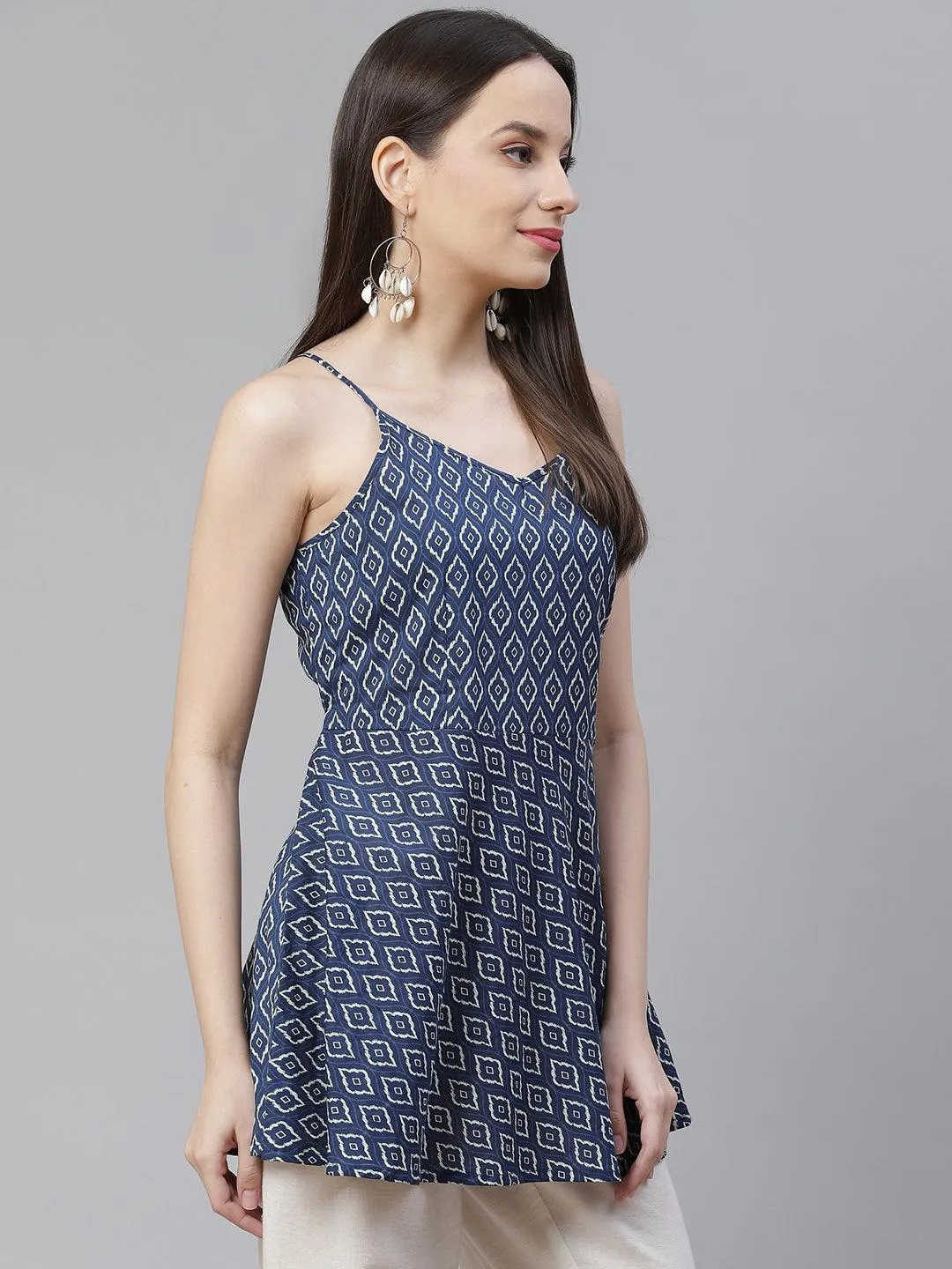 Divena Blue geometric Printed Shoulder Strip Cotton Top