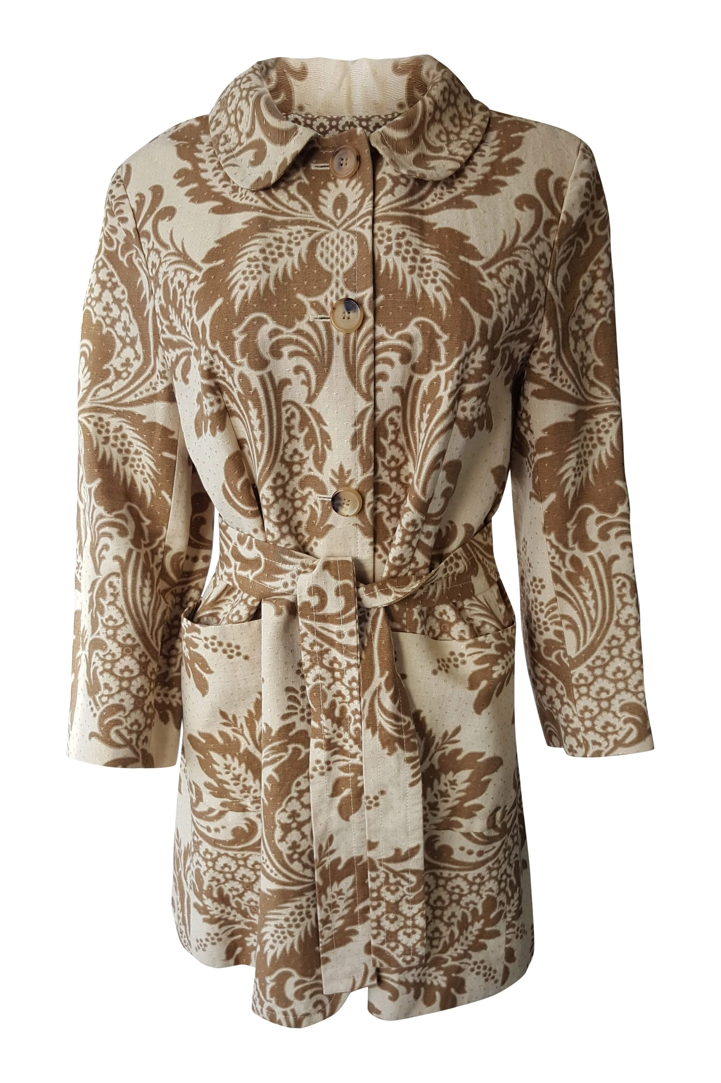 DKNY Women's Brown Linen Blend Floral Print Belted Coat (UK 8)