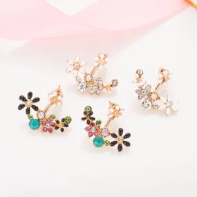 Enamel Flowers & Crystal Ear Jacket Style Stud Earrings - 3 Colors