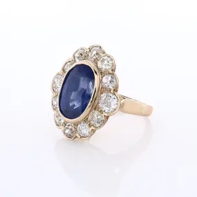 Estate 18k Yellow Gold Sapphire and Diamond Scalloped Halo Ring