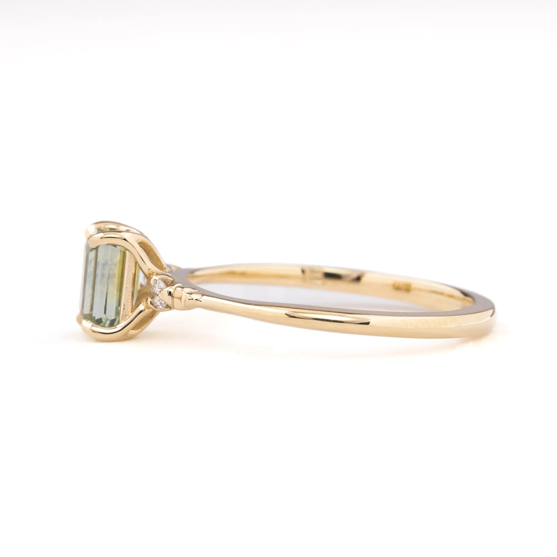 Estel Ring 1.05ct Light Green Emerald Montana Sapphire, 14K Yellow Gold (One of a kind)