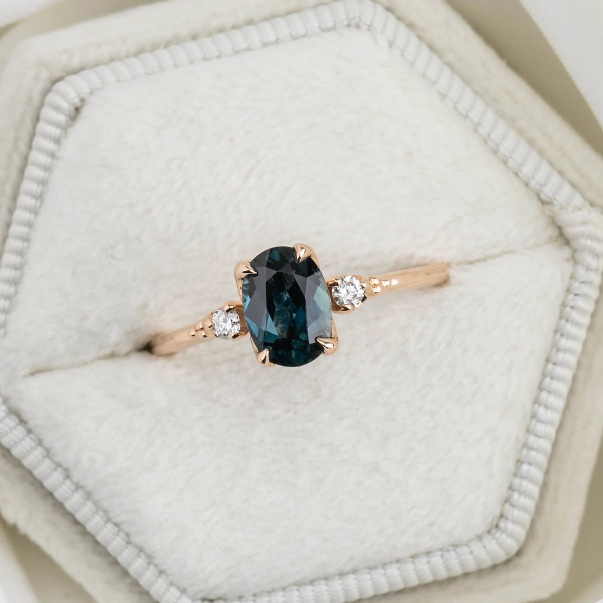 Estel Ring 1.32ct Teal Blue Oval Queensland Sapphire, 14K Rose Gold (One of a kind)