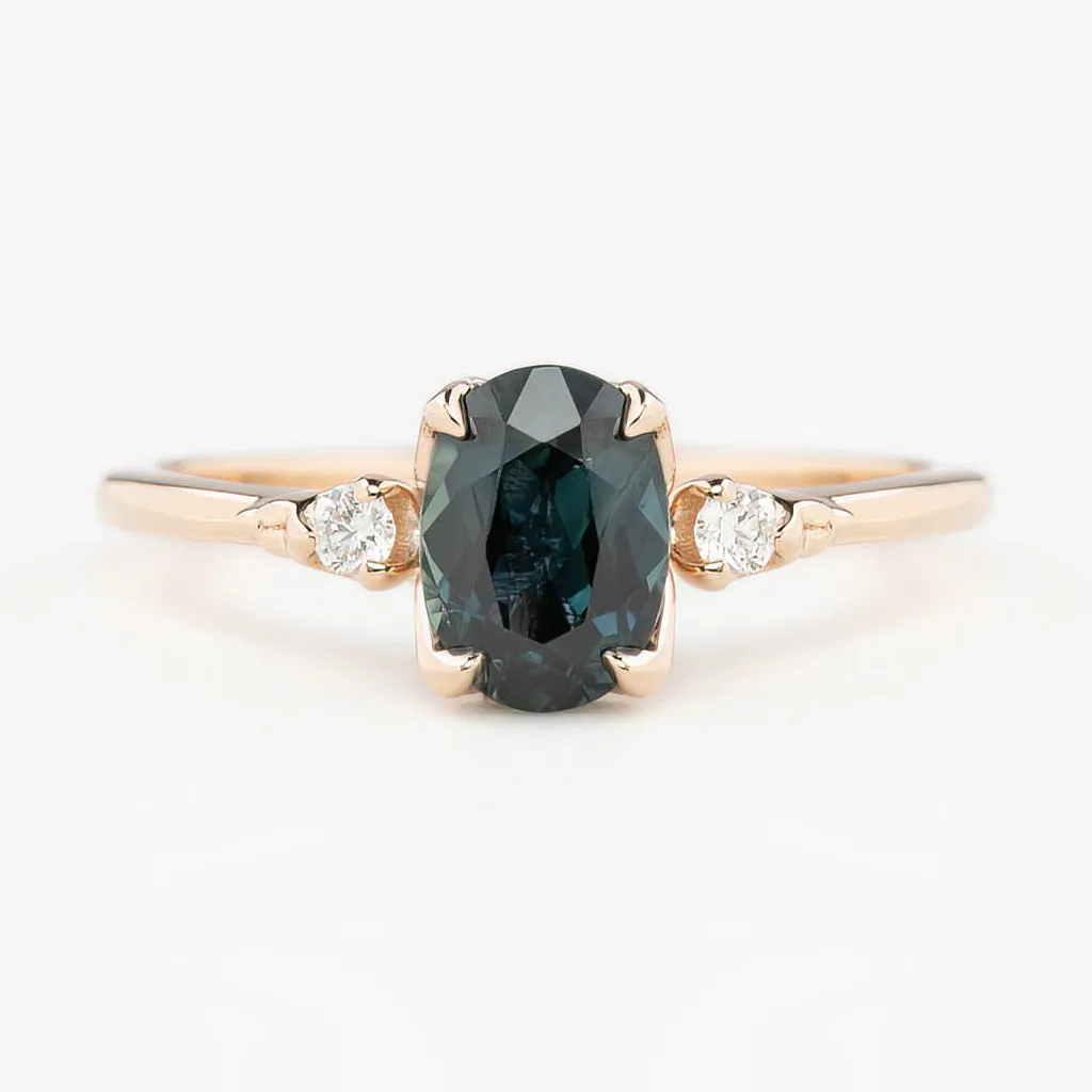 Estel Ring 1.32ct Teal Blue Oval Queensland Sapphire, 14K Rose Gold (One of a kind)