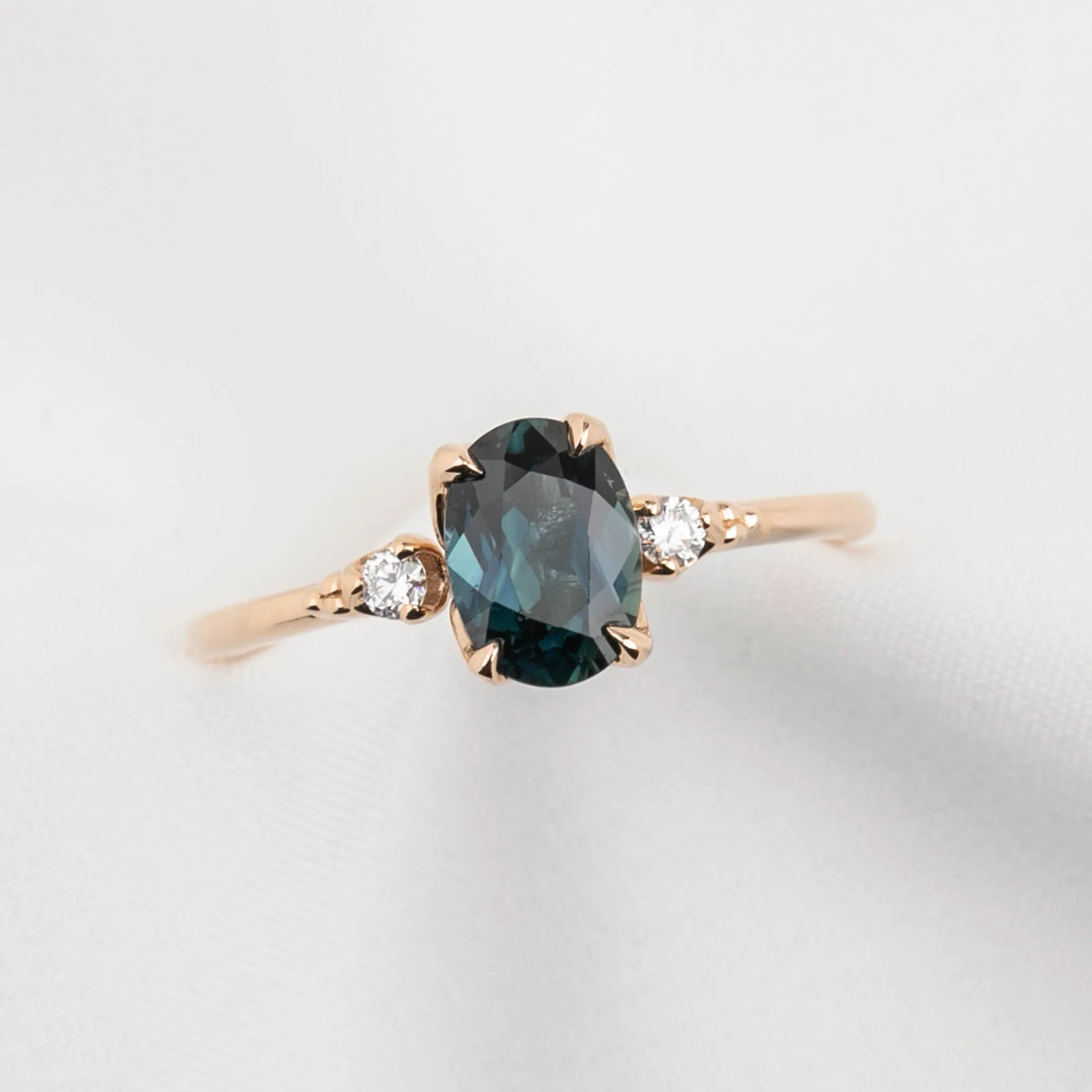 Estel Ring 1.32ct Teal Blue Oval Queensland Sapphire, 14K Rose Gold (One of a kind)