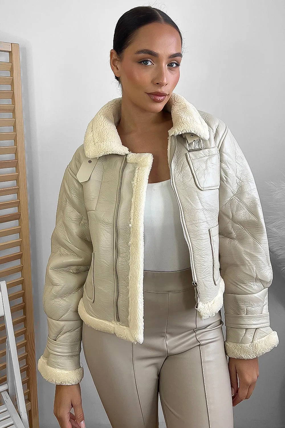 Faux Shearling Leather Aviator Jacket