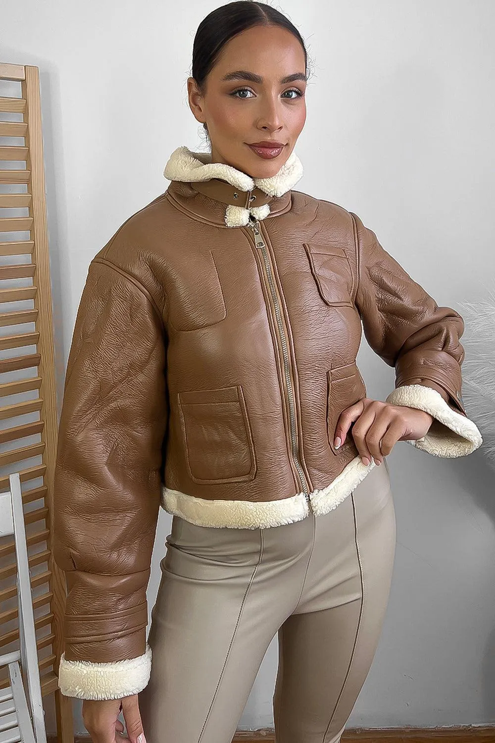 Faux Shearling Leather Aviator Jacket