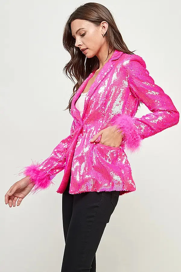 FEATHER TRIM SEQUIN JACKET