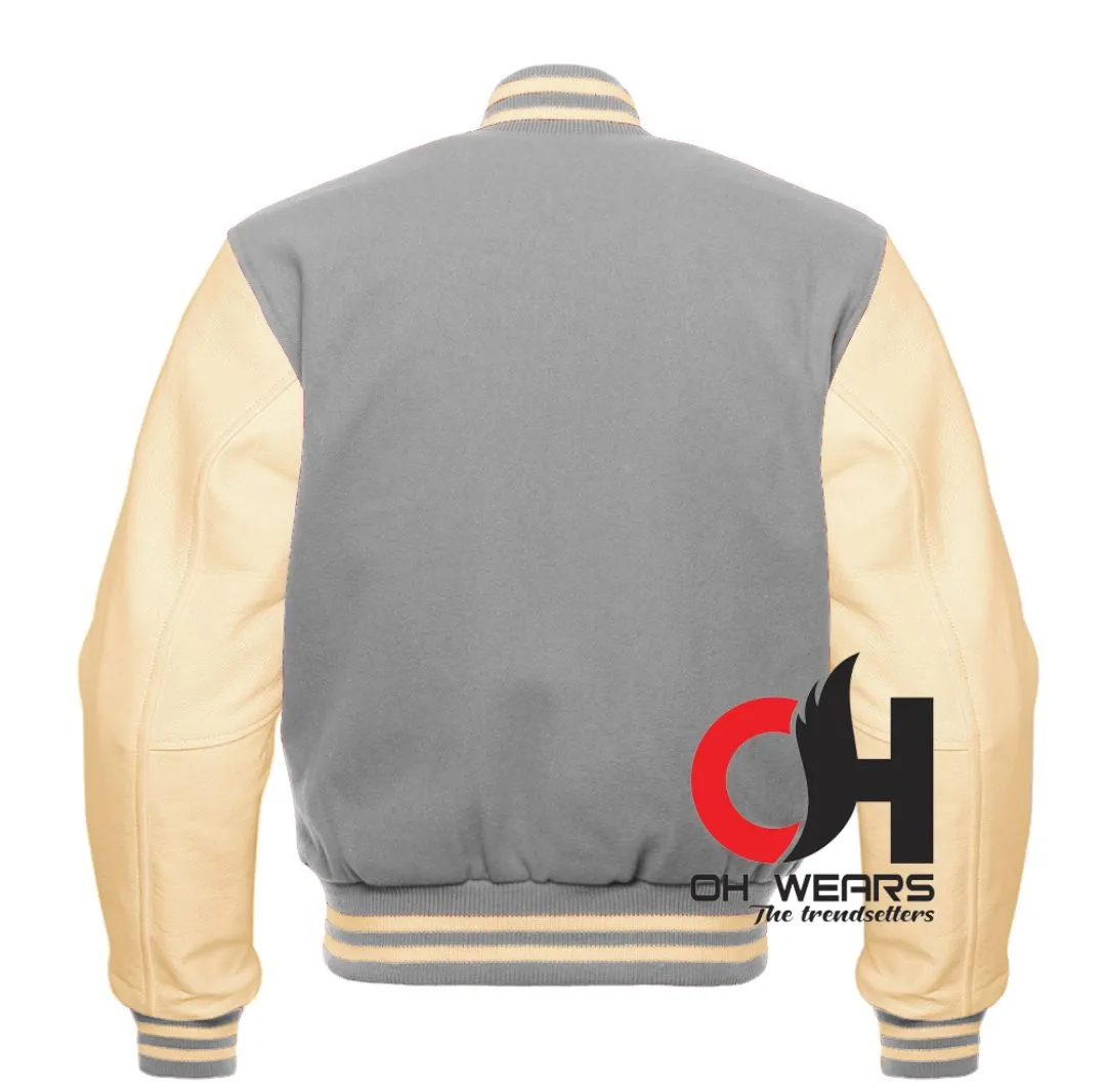 Grey Wool & Cream Leather Sleeve Letterman Varsity Jacket