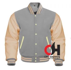 Grey Wool & Cream Leather Sleeve Letterman Varsity Jacket