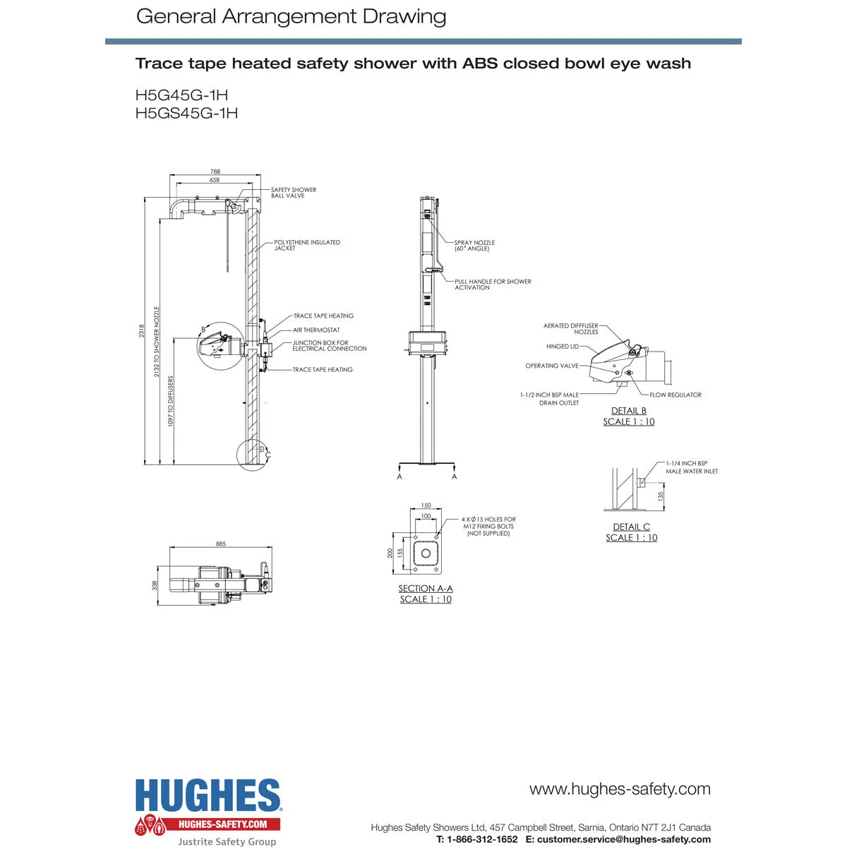 Hughes H5G45G-1H Outdoor Heat Traced (110 Volt) Freeze Protected Combination Safety Shower and Eye/Face Wash